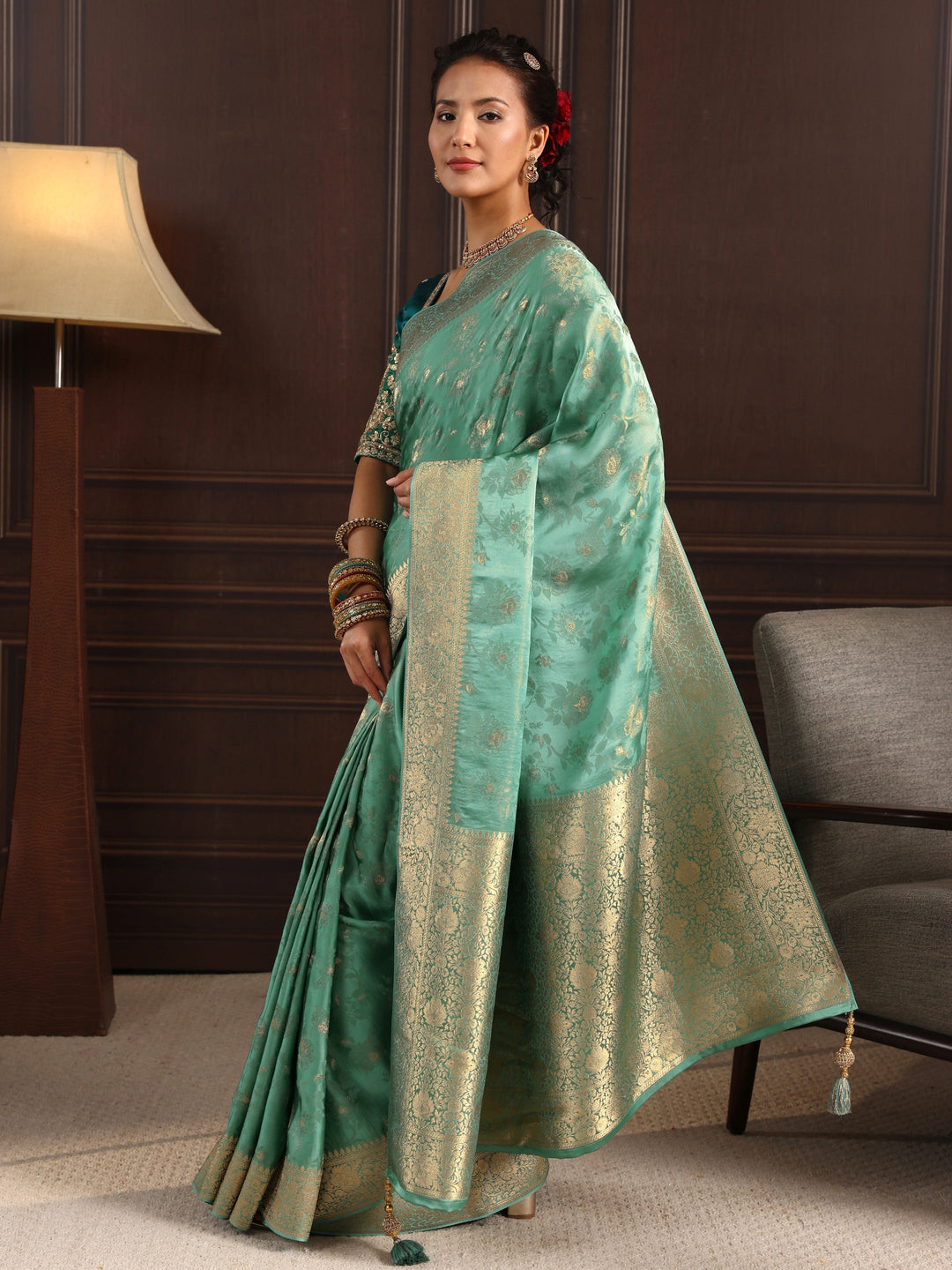  Libas Art Sea Green Floral Woven Design Silk Blend Saree with Potli Bag 