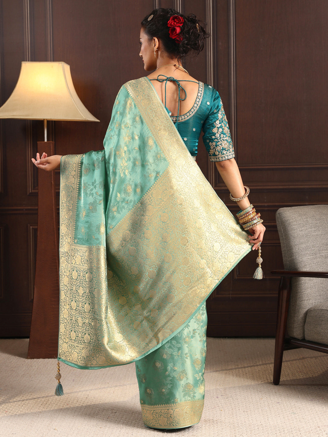  Libas Art Sea Green Floral Woven Design Silk Blend Saree with Potli Bag 