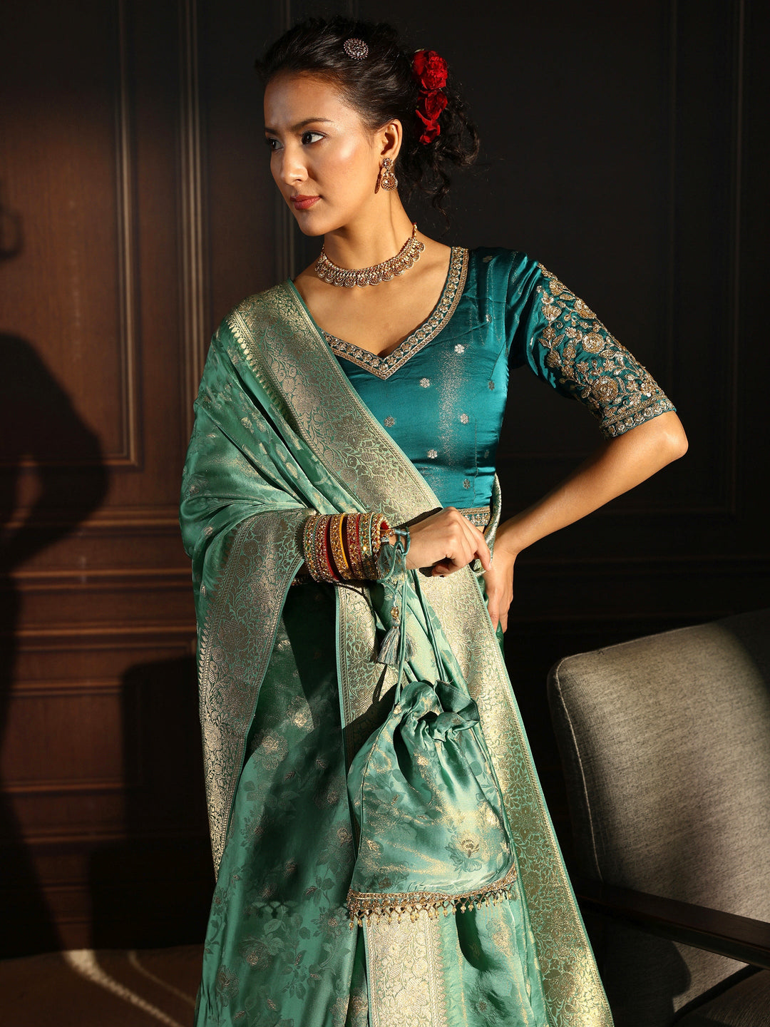  Libas Art Sea Green Floral Woven Design Silk Blend Saree with Potli Bag 