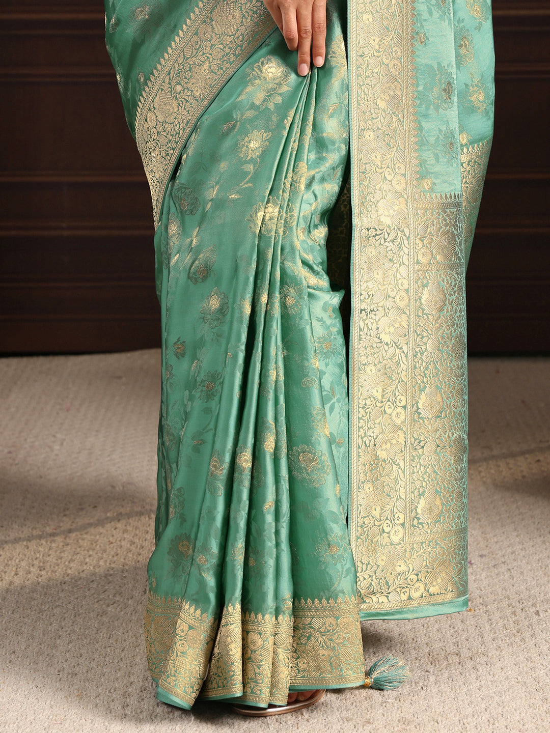  Libas Art Sea Green Floral Woven Design Silk Blend Saree with Potli Bag 
