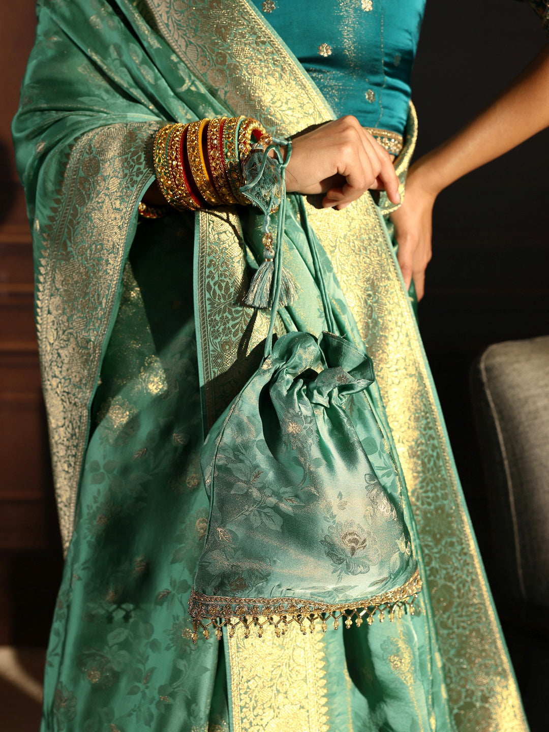  Libas Art Sea Green Floral Woven Design Silk Blend Saree with Potli Bag 