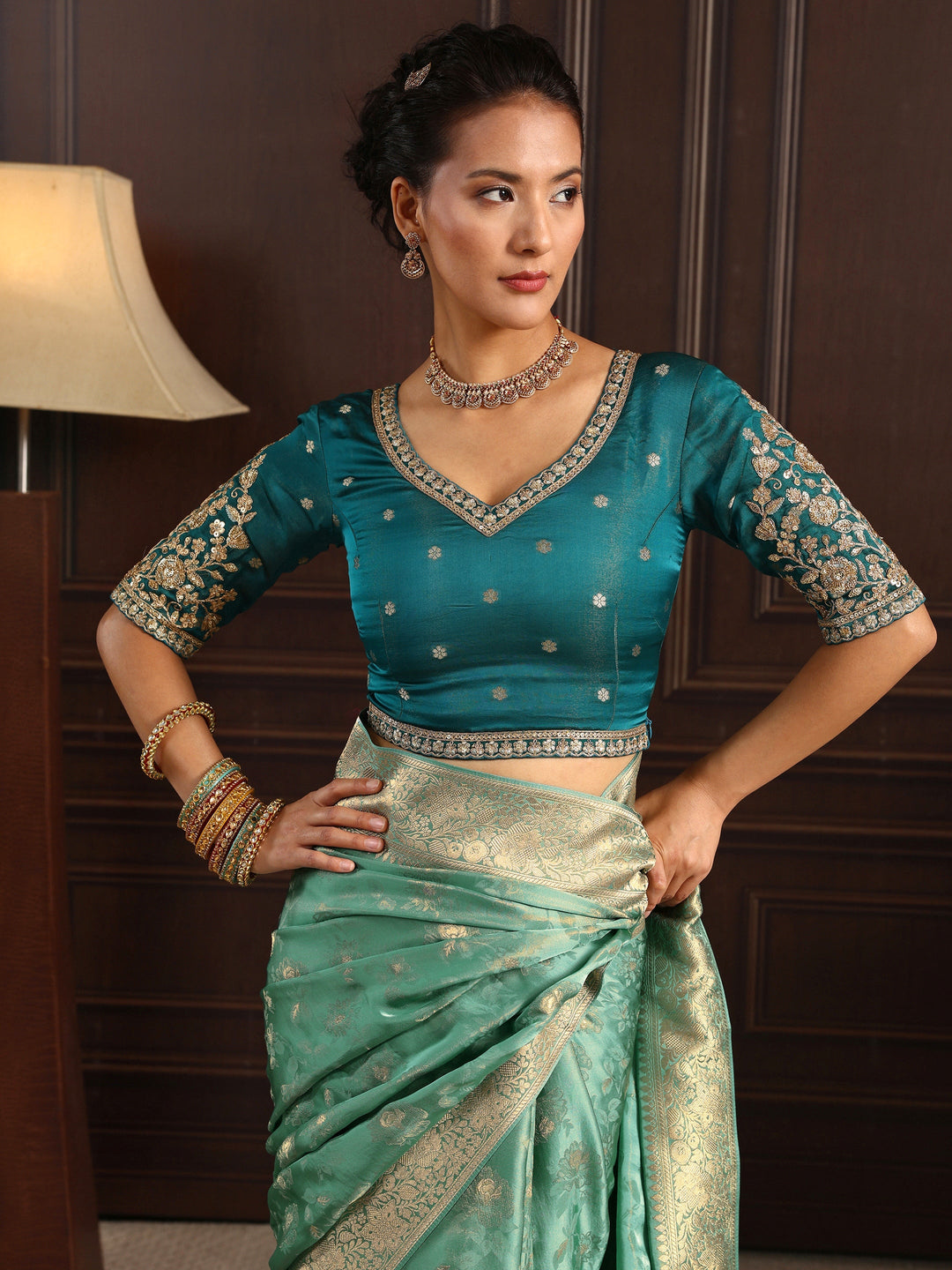  Libas Art Sea Green Floral Woven Design Silk Blend Saree with Potli Bag 