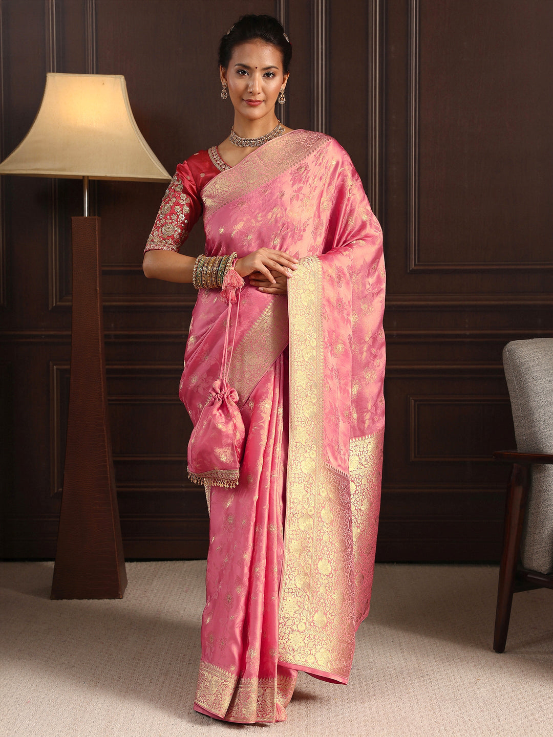  Libas Art Pink Floral Woven Design Silk Blend Saree with Potli Bag 