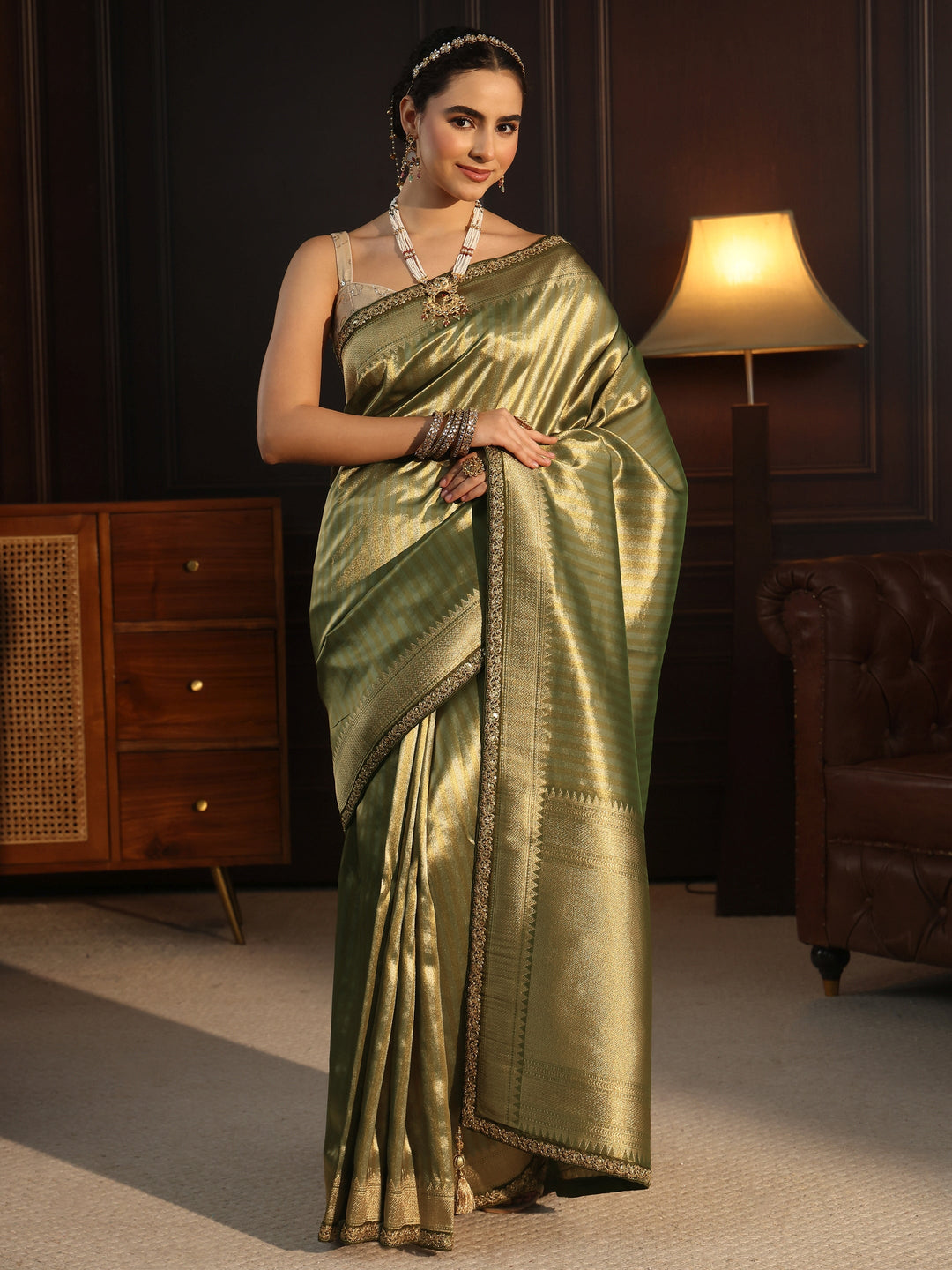  Libas Art Green Striped Banarasi Silk Blend Saree 