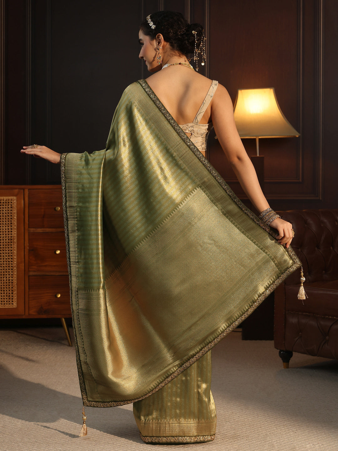  Libas Art Green Striped Banarasi Silk Blend Saree 