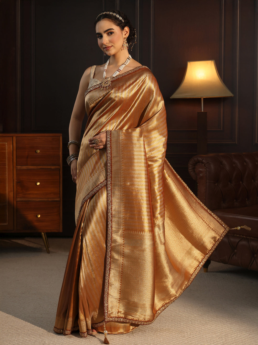  Libas Art Brown Striped Banarasi Silk Blend Saree 