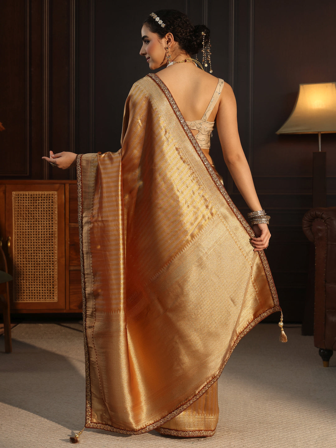  Libas Art Brown Striped Banarasi Silk Blend Saree 