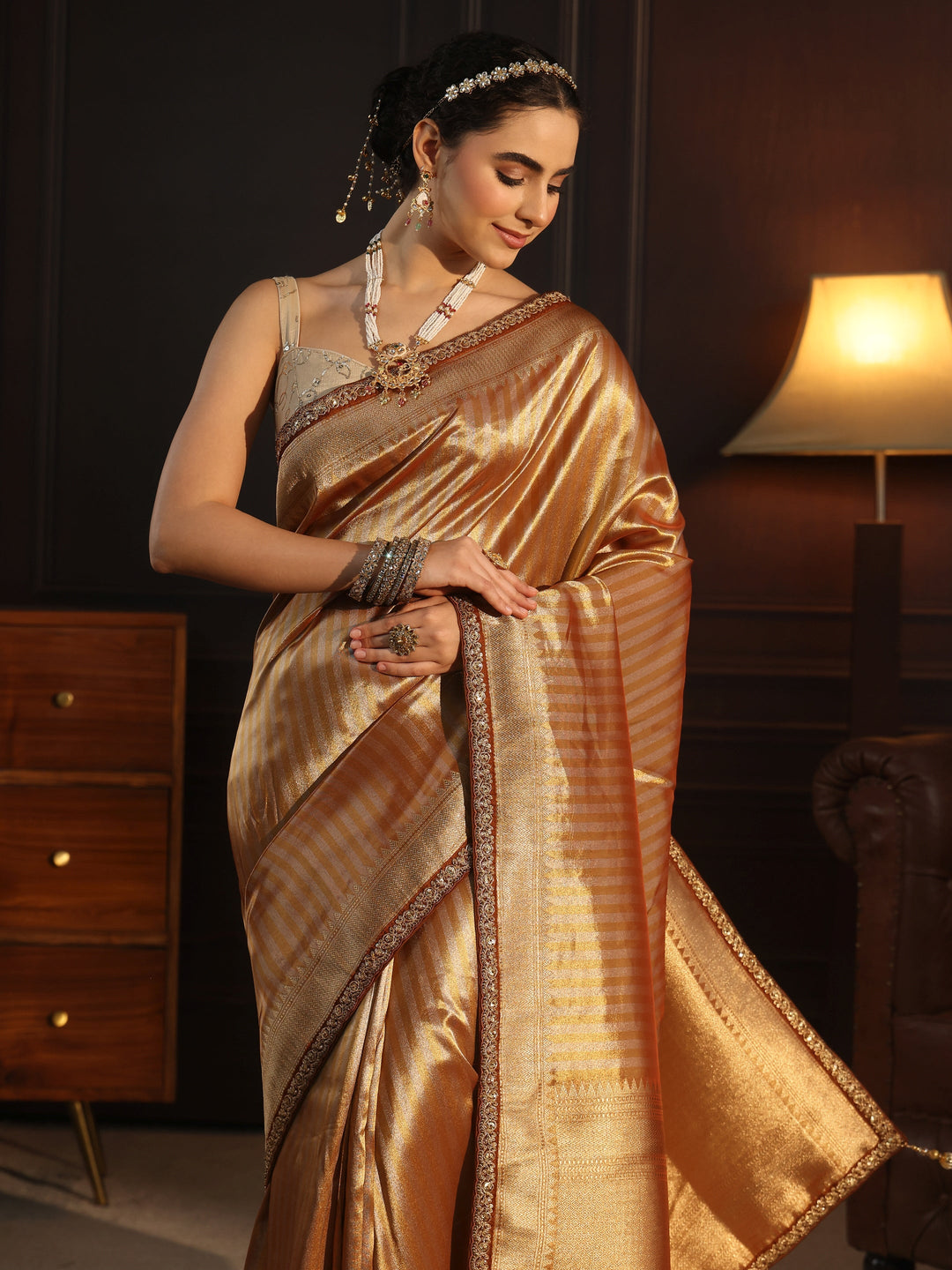  Libas Art Brown Striped Banarasi Silk Blend Saree 