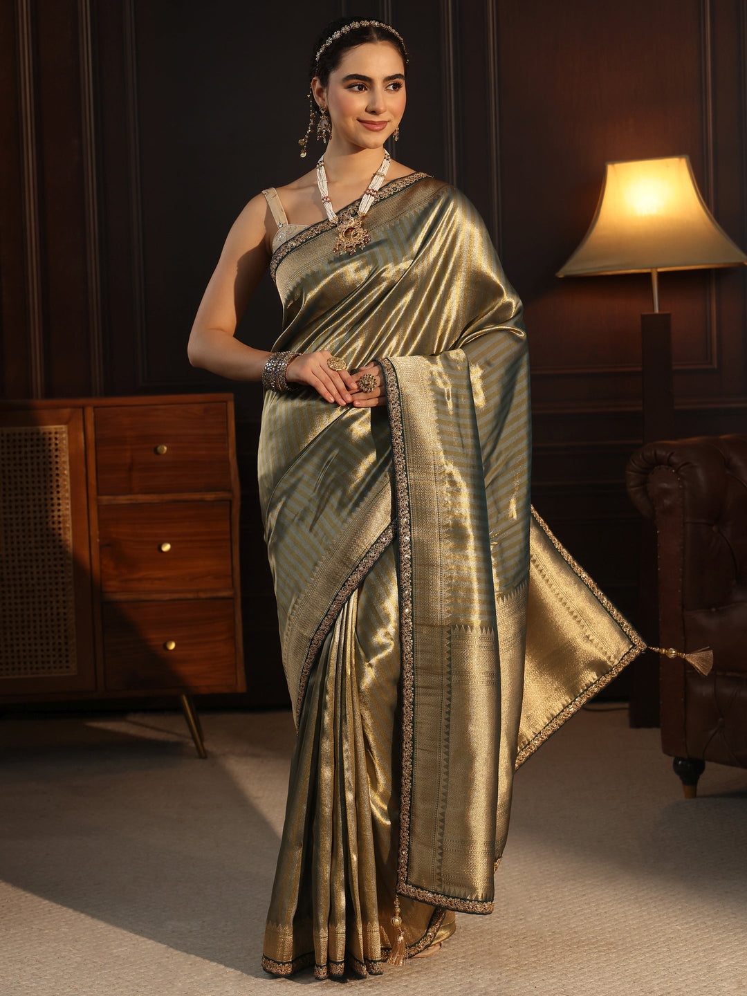  Libas Art Teal Blue Striped Banarasi Silk Blend Saree 