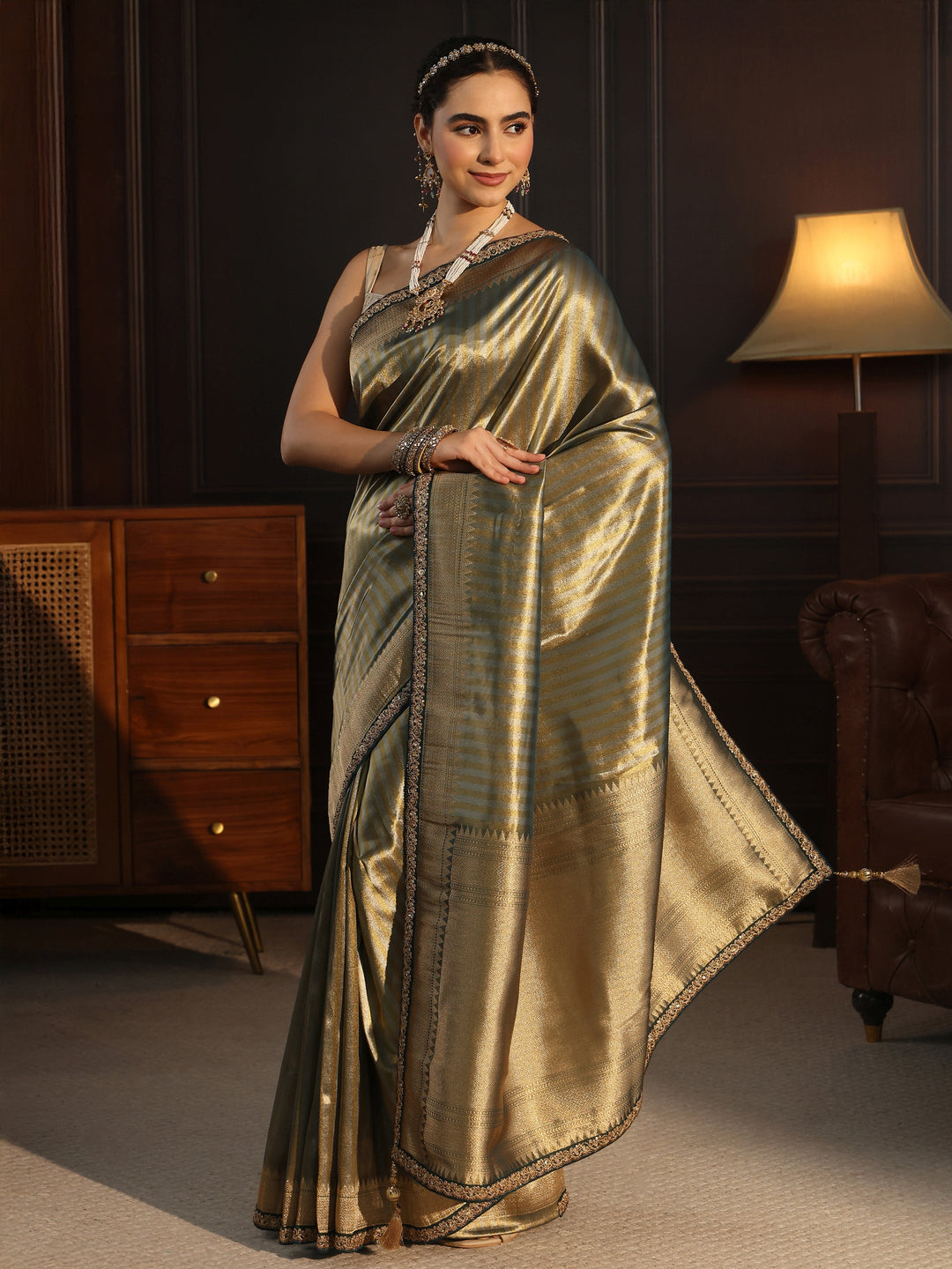  Libas Art Teal Blue Striped Banarasi Silk Blend Saree 