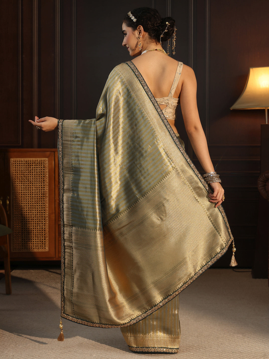  Libas Art Teal Blue Striped Banarasi Silk Blend Saree 
