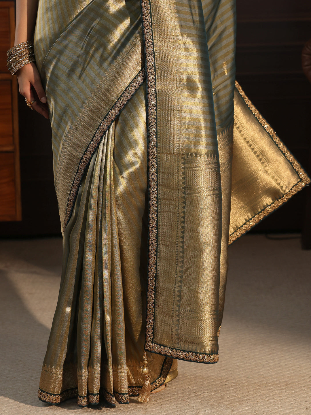  Libas Art Teal Blue Striped Banarasi Silk Blend Saree 