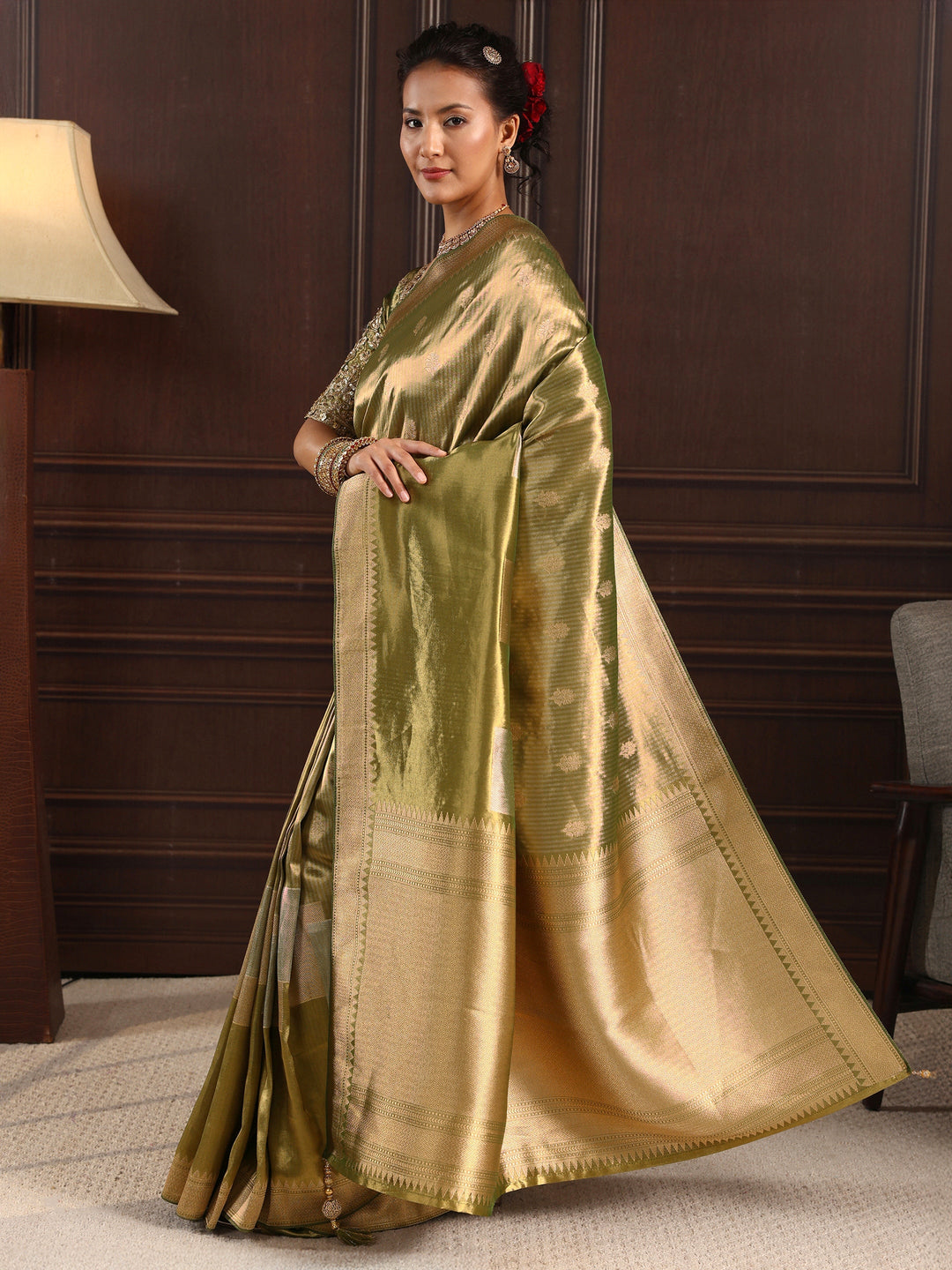  Libas Art Henna Green Woven Design Silk Blend Saree with Potli Bag 