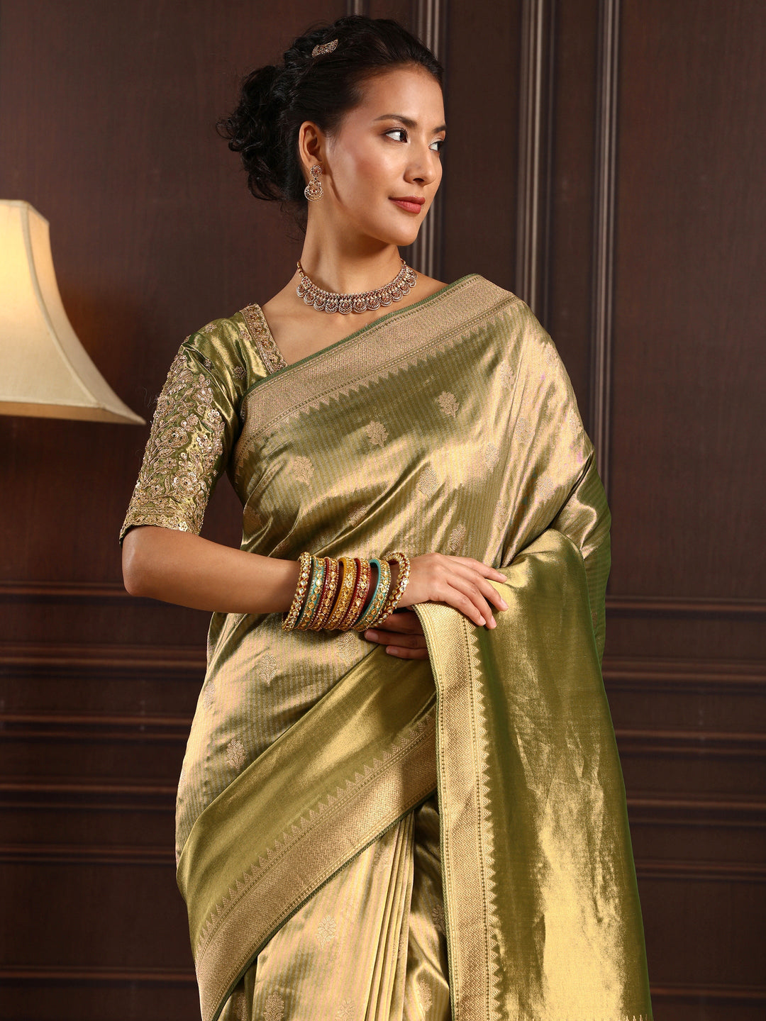  Libas Art Henna Green Woven Design Silk Blend Saree with Potli Bag 