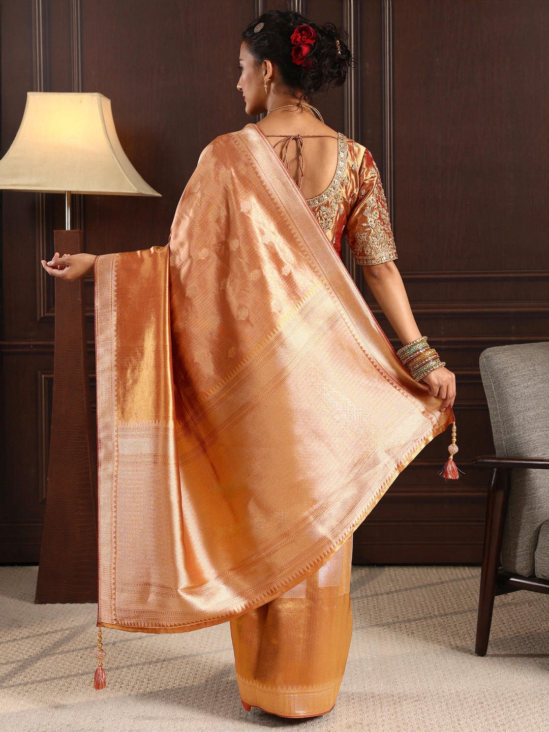  Libas Art Rust Woven Design Silk Blend Saree with Potli Bag 