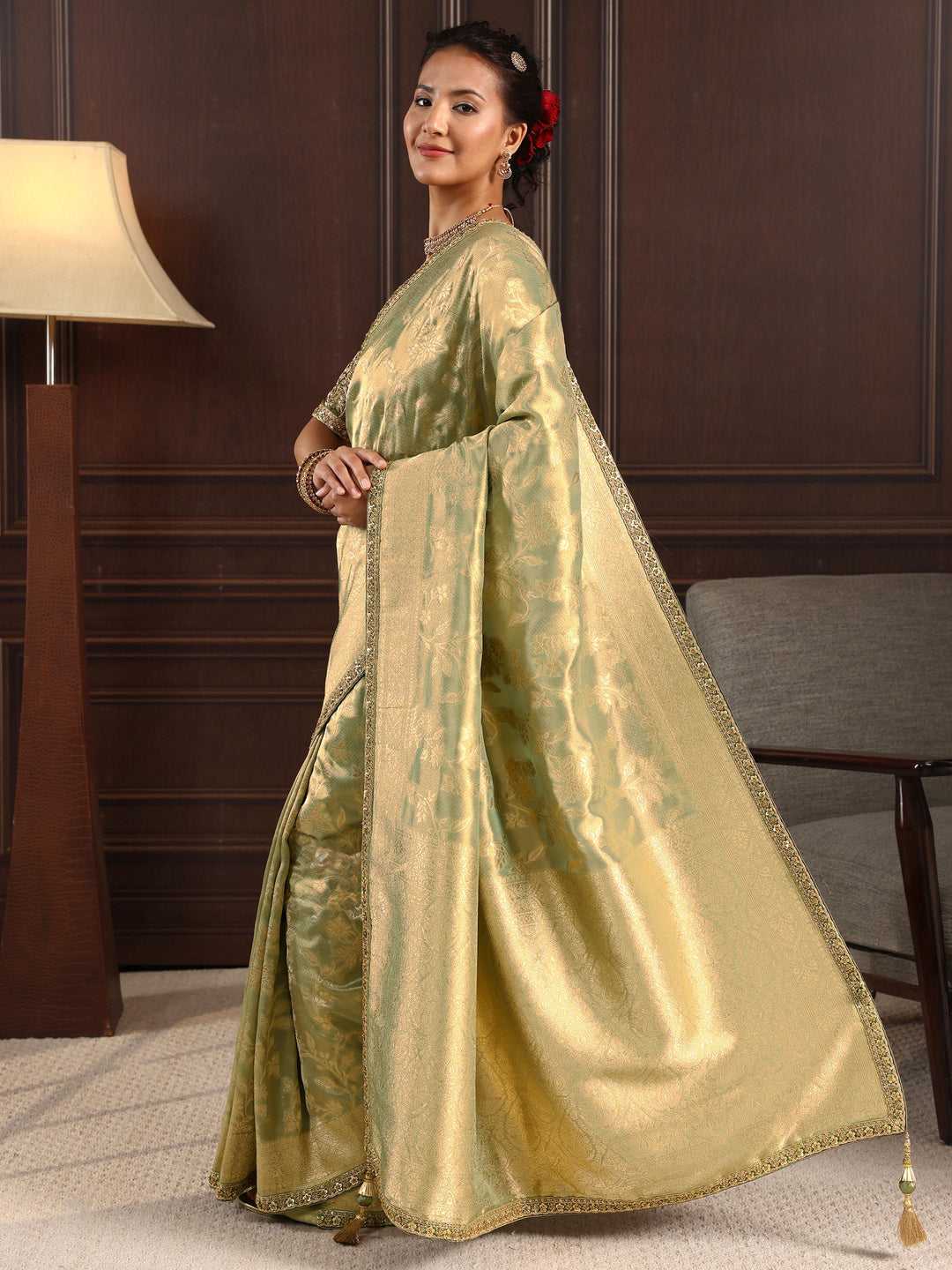  Libas Art Green Woven Design Silk Blend Saree with Potli Bag 