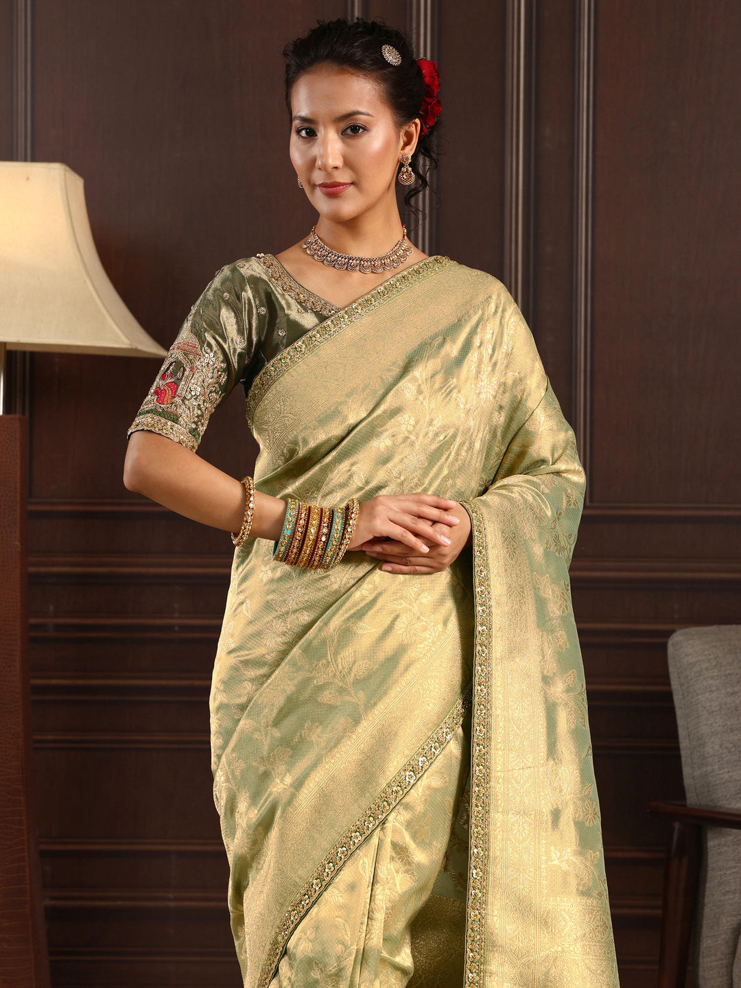  Libas Art Green Woven Design Silk Blend Saree with Potli Bag 