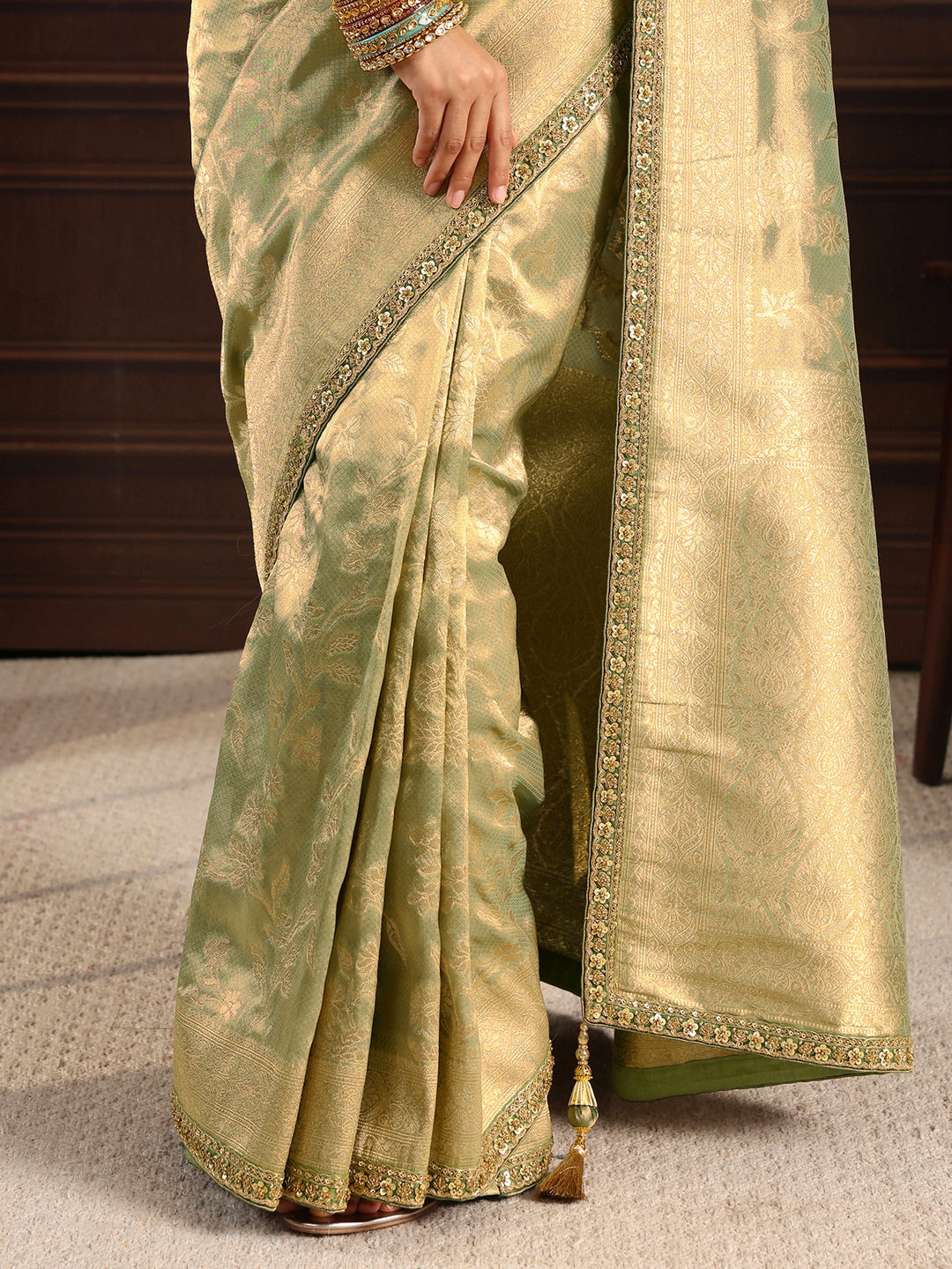  Libas Art Green Woven Design Silk Blend Saree with Potli Bag 