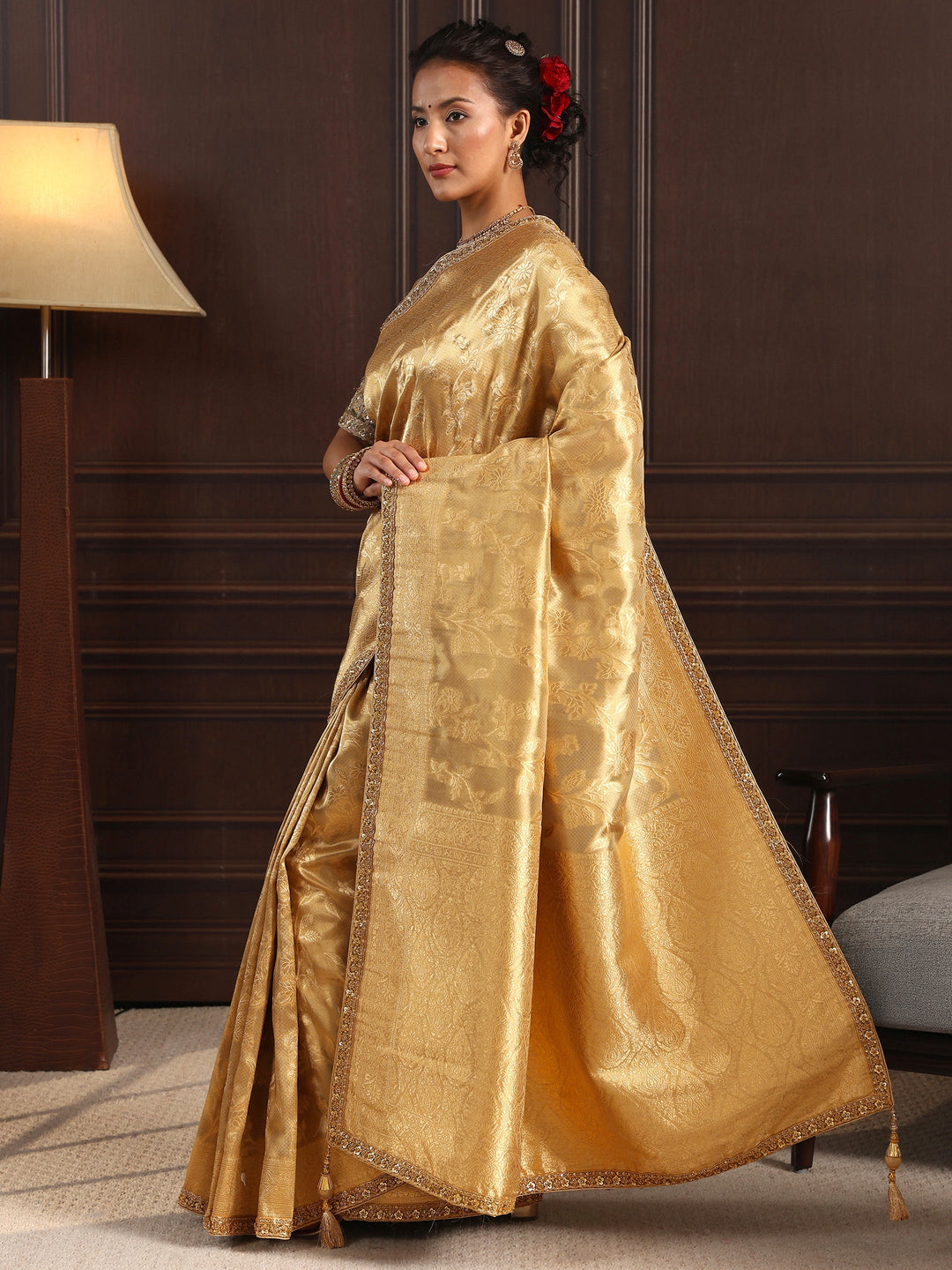  Libas Art Golden Woven Design Silk Blend Saree with Potli Bag 