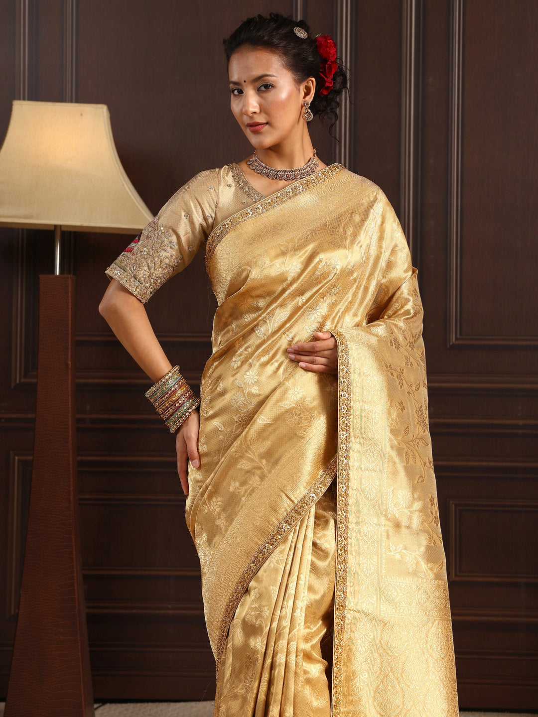  Libas Art Golden Woven Design Silk Blend Saree with Potli Bag 