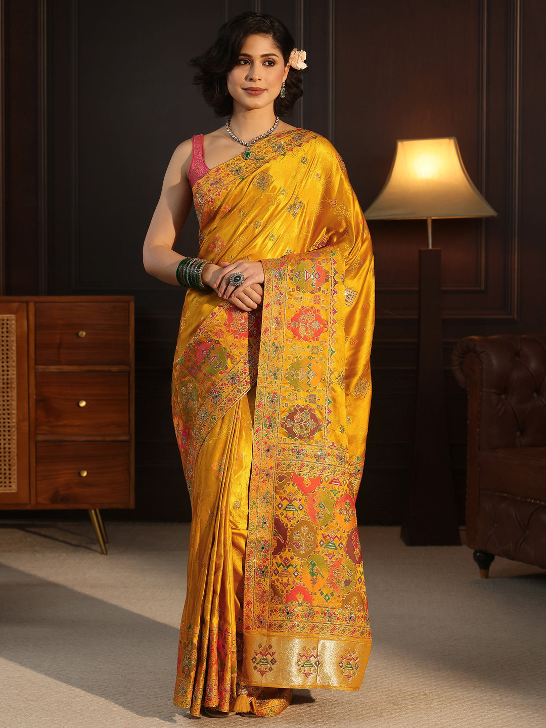  Libas Art Mustard Woven Design Silk Blend Saree with Embellished Patola Pallu 