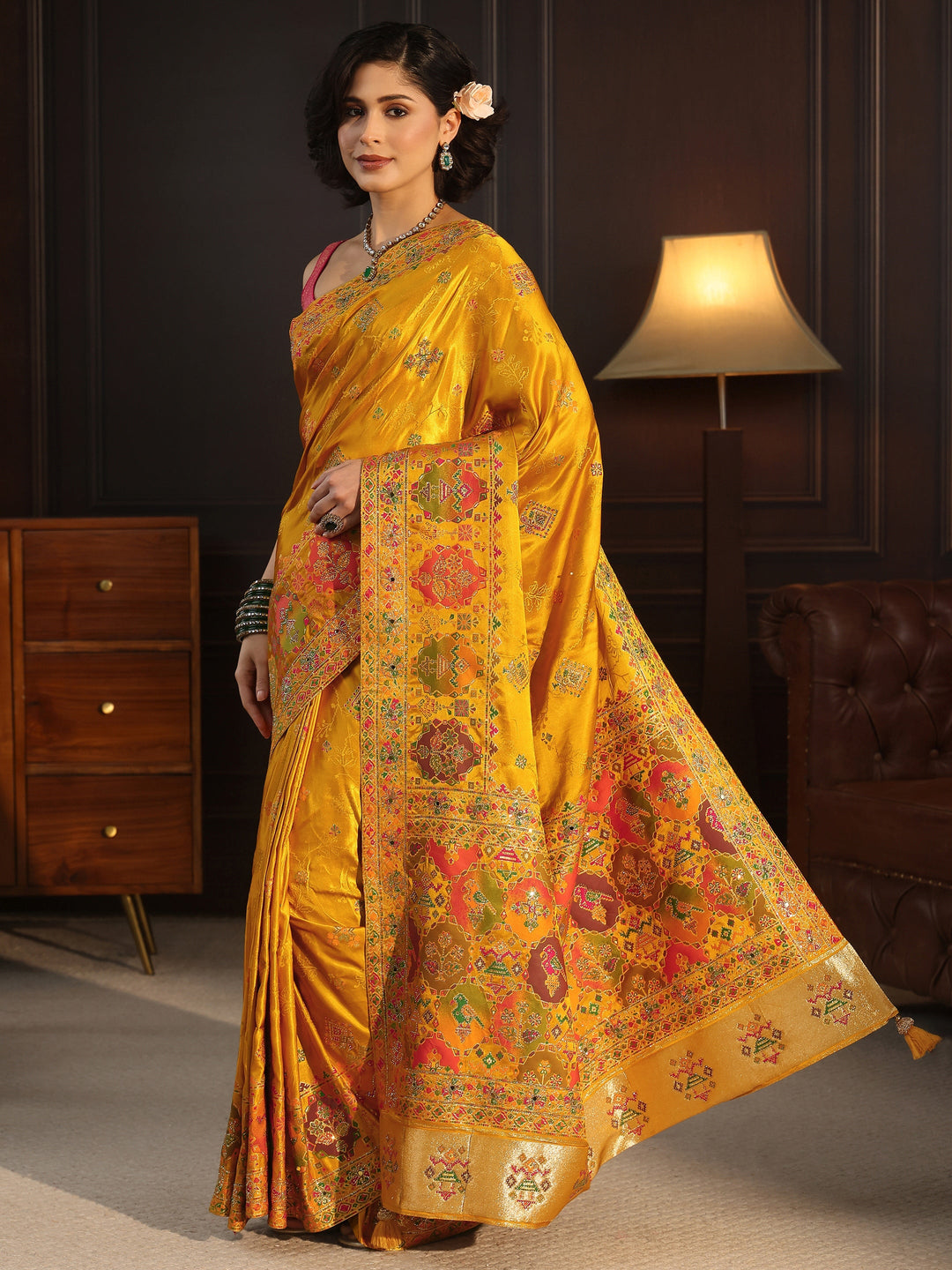  Libas Art Mustard Woven Design Silk Blend Saree with Embellished Patola Pallu 