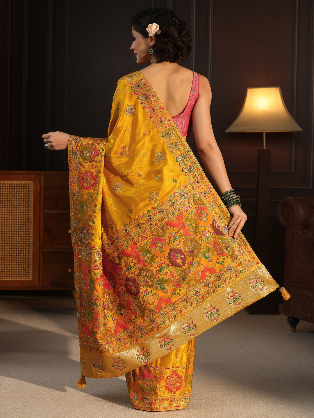  Libas Art Mustard Woven Design Silk Blend Saree with Embellished Patola Pallu 