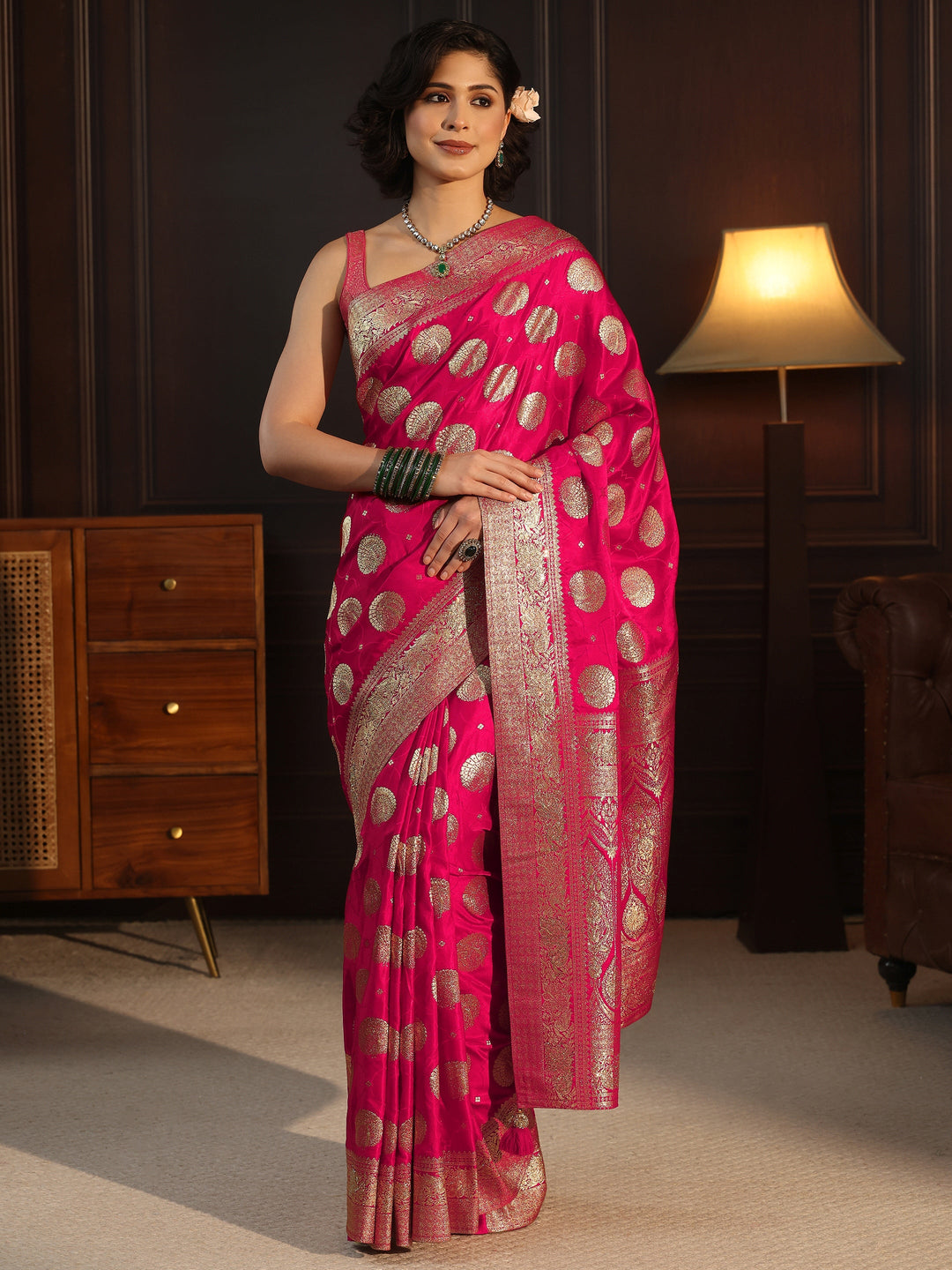  Libas Rani Pink Ethnic Woven Design Satin Saree with Stone Work 