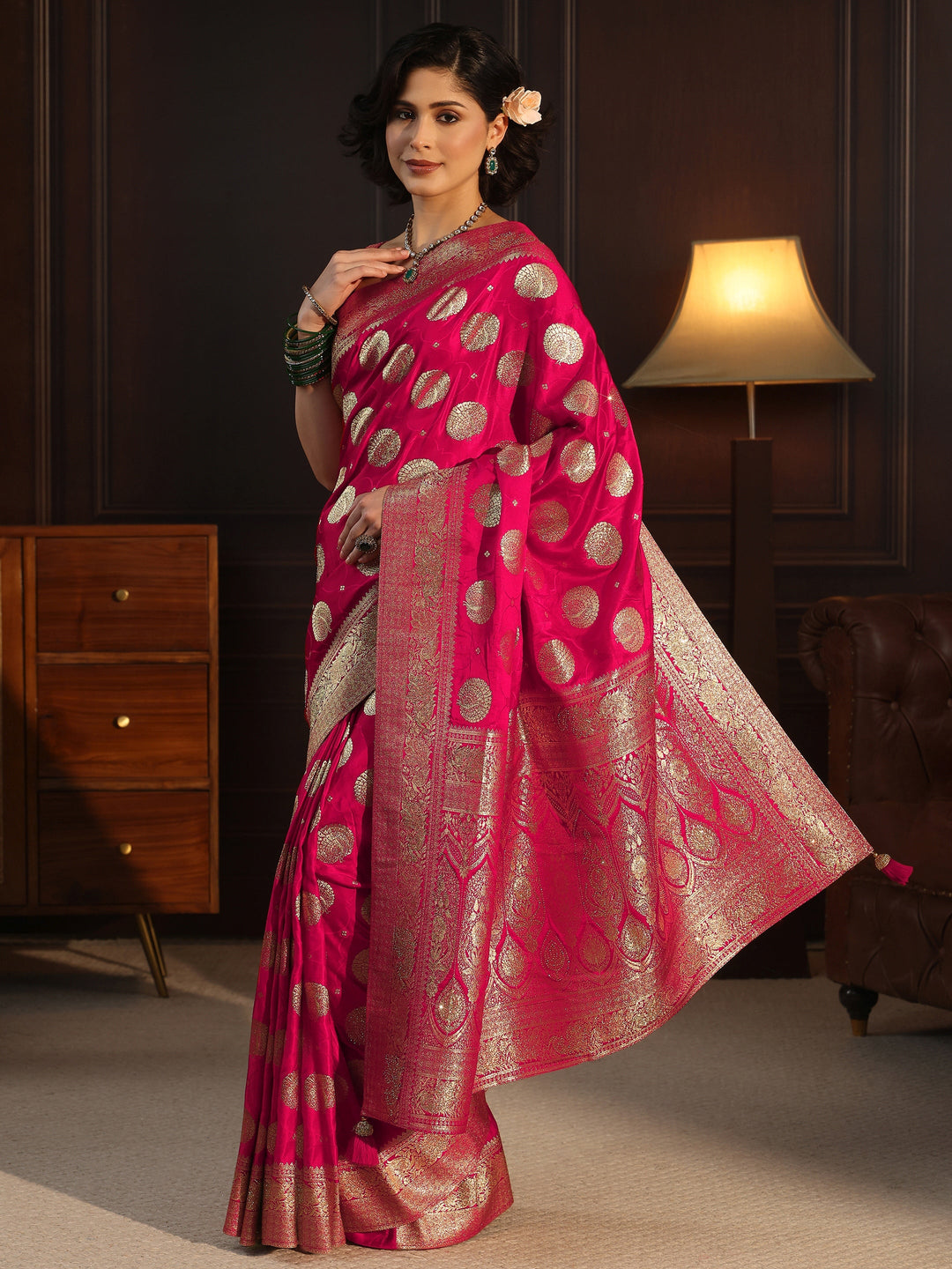  Libas Rani Pink Ethnic Woven Design Satin Saree with Stone Work 