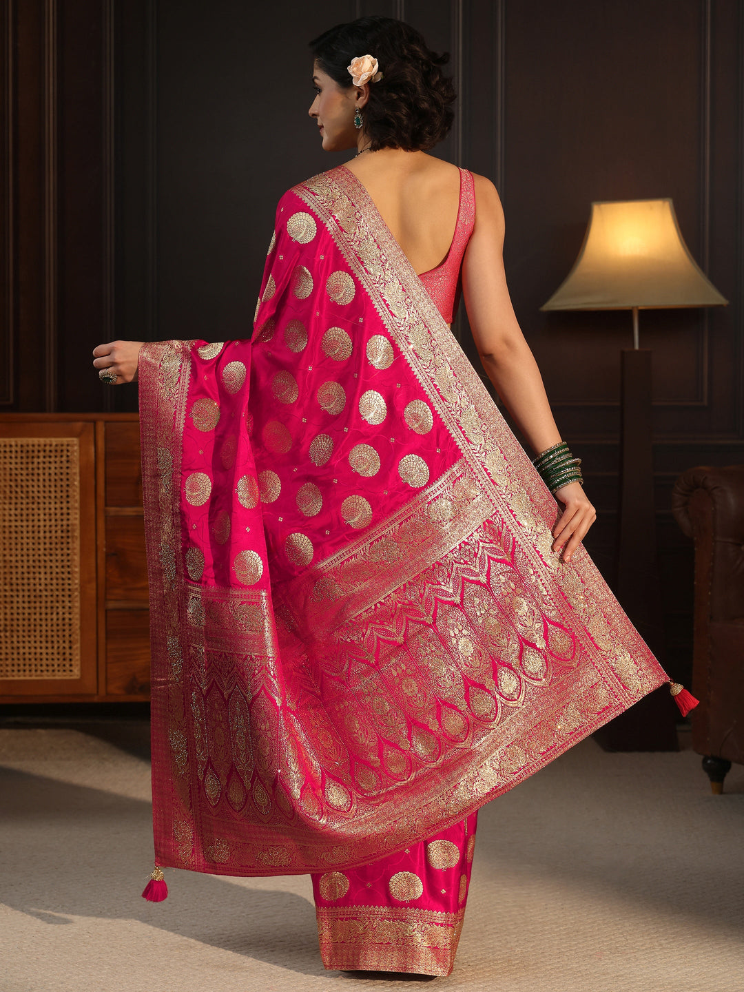  Libas Rani Pink Ethnic Woven Design Satin Saree with Stone Work 