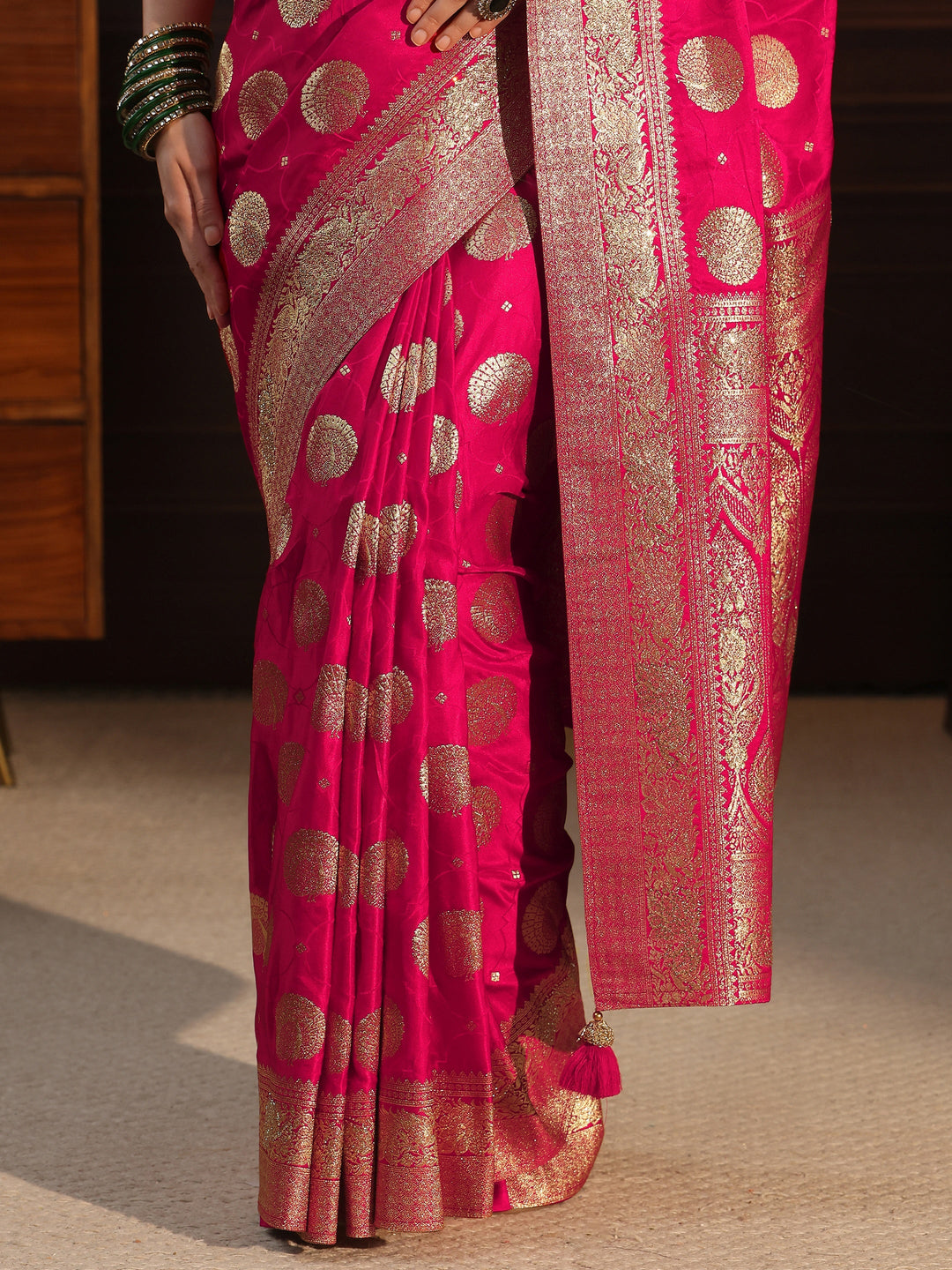  Libas Rani Pink Ethnic Woven Design Satin Saree with Stone Work 