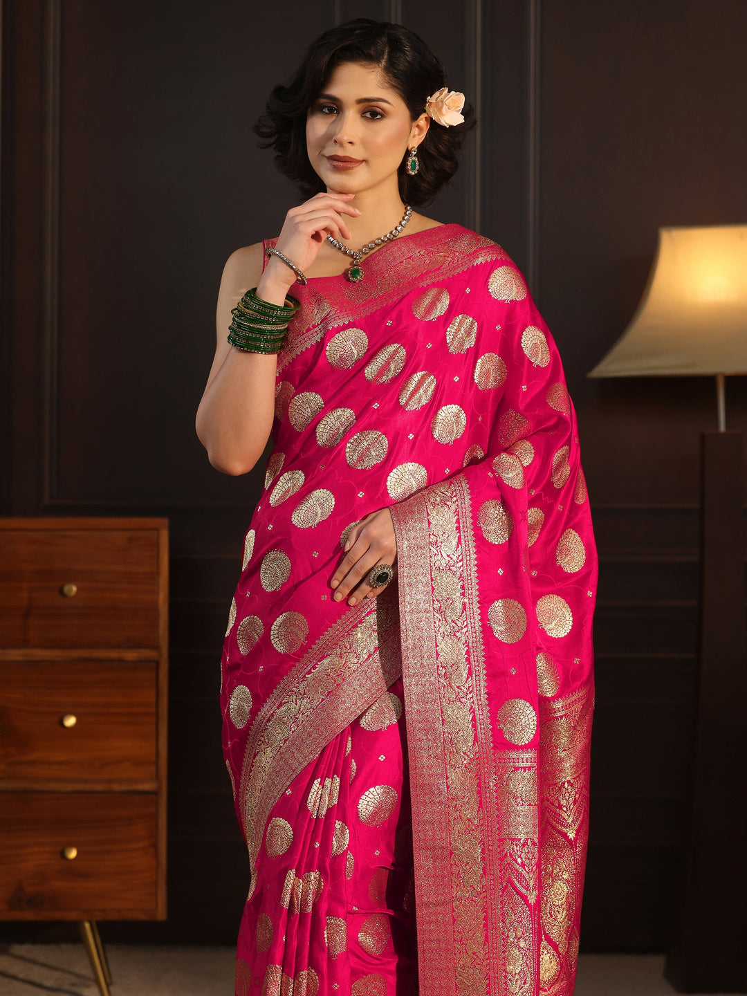  Libas Rani Pink Ethnic Woven Design Satin Saree with Stone Work 