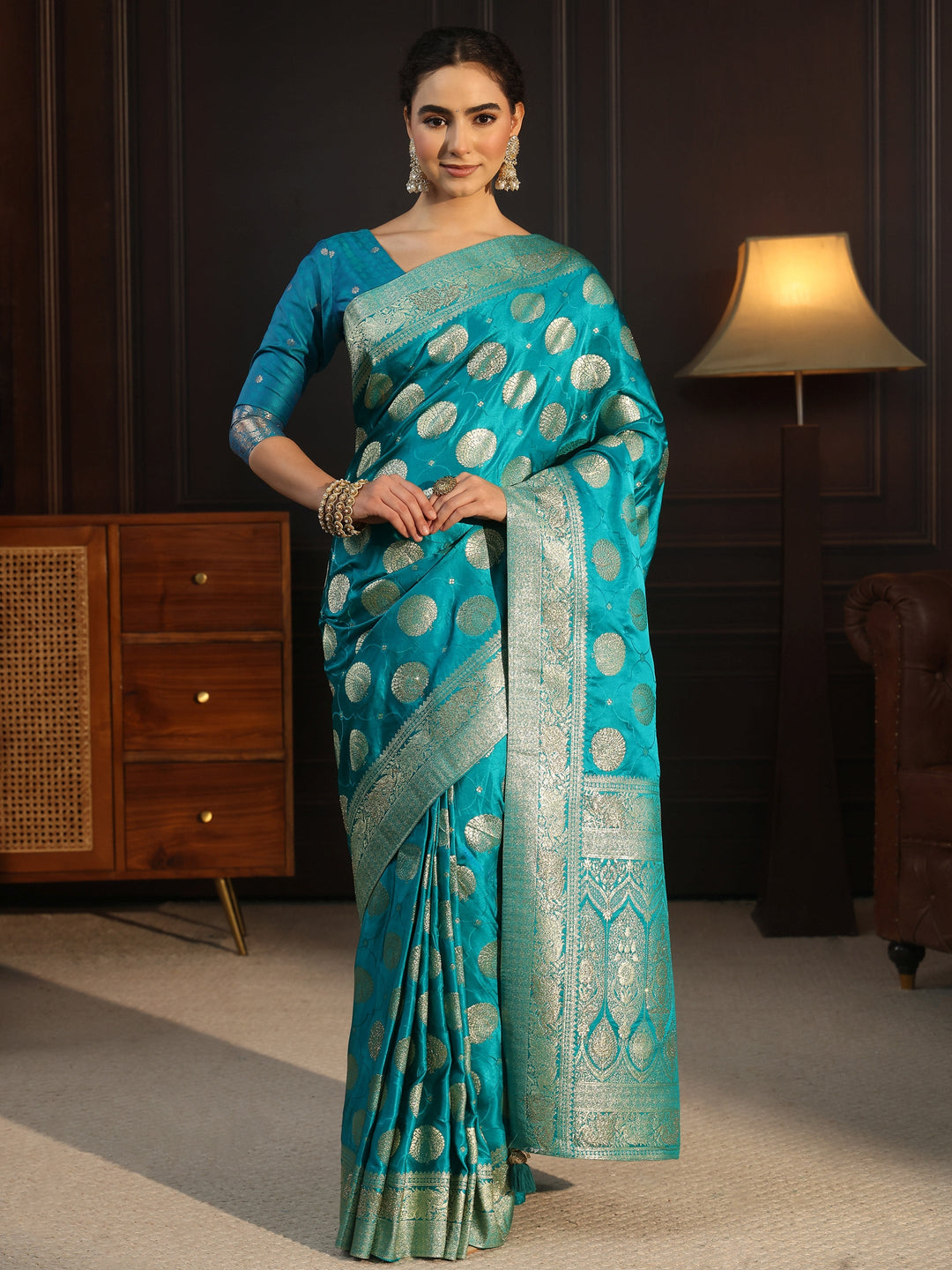  Libas Aqua Blue Ethnic Woven Design Satin Saree with Stone Work 