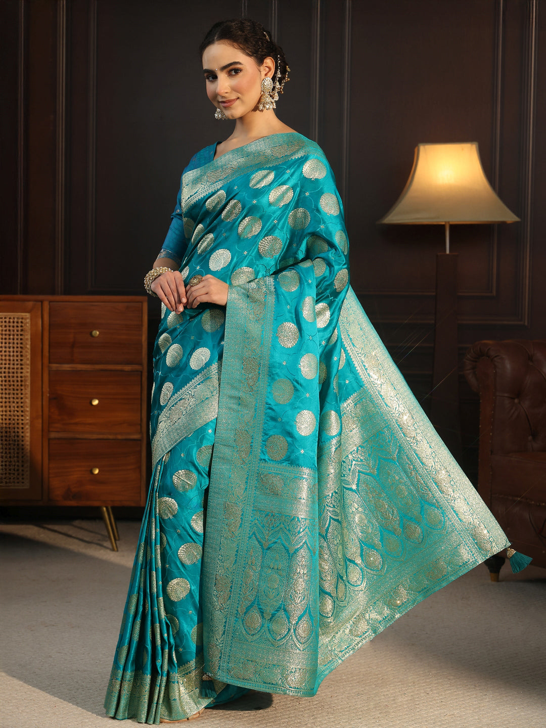  Libas Aqua Blue Ethnic Woven Design Satin Saree with Stone Work 