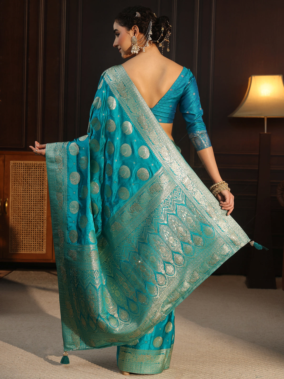  Libas Aqua Blue Ethnic Woven Design Satin Saree with Stone Work 