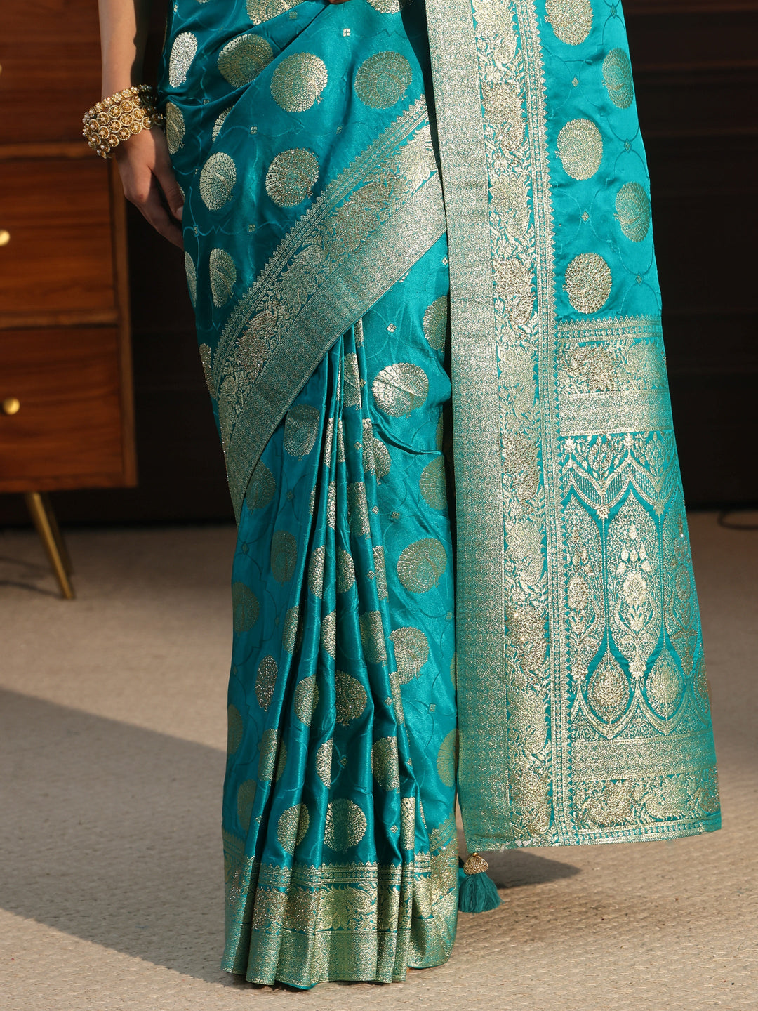  Libas Aqua Blue Ethnic Woven Design Satin Saree with Stone Work 