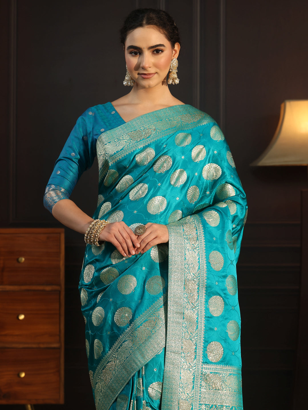  Libas Aqua Blue Ethnic Woven Design Satin Saree with Stone Work 