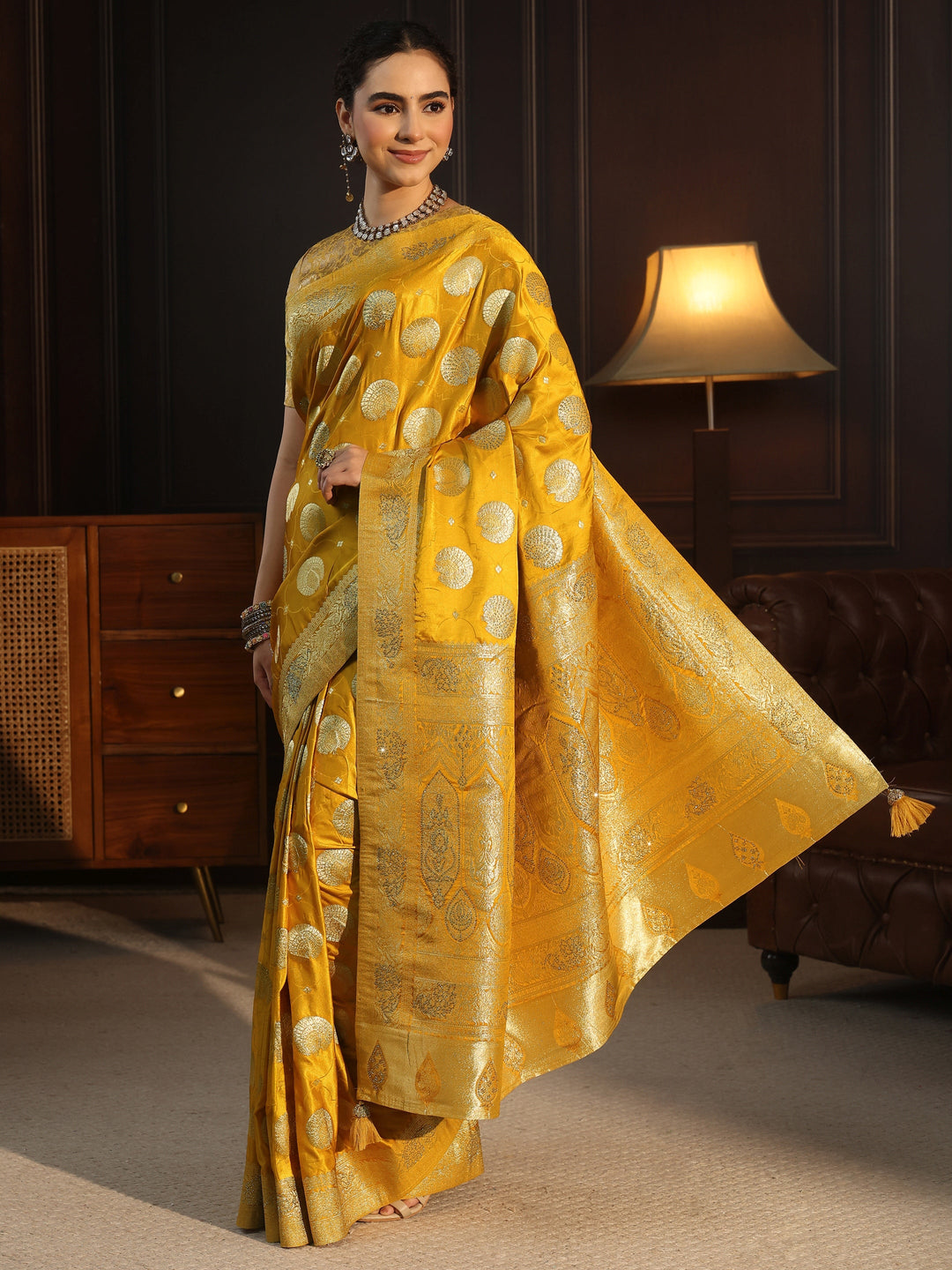  Libas Mustard Ethnic Woven Design Satin Saree with Stone Work 
