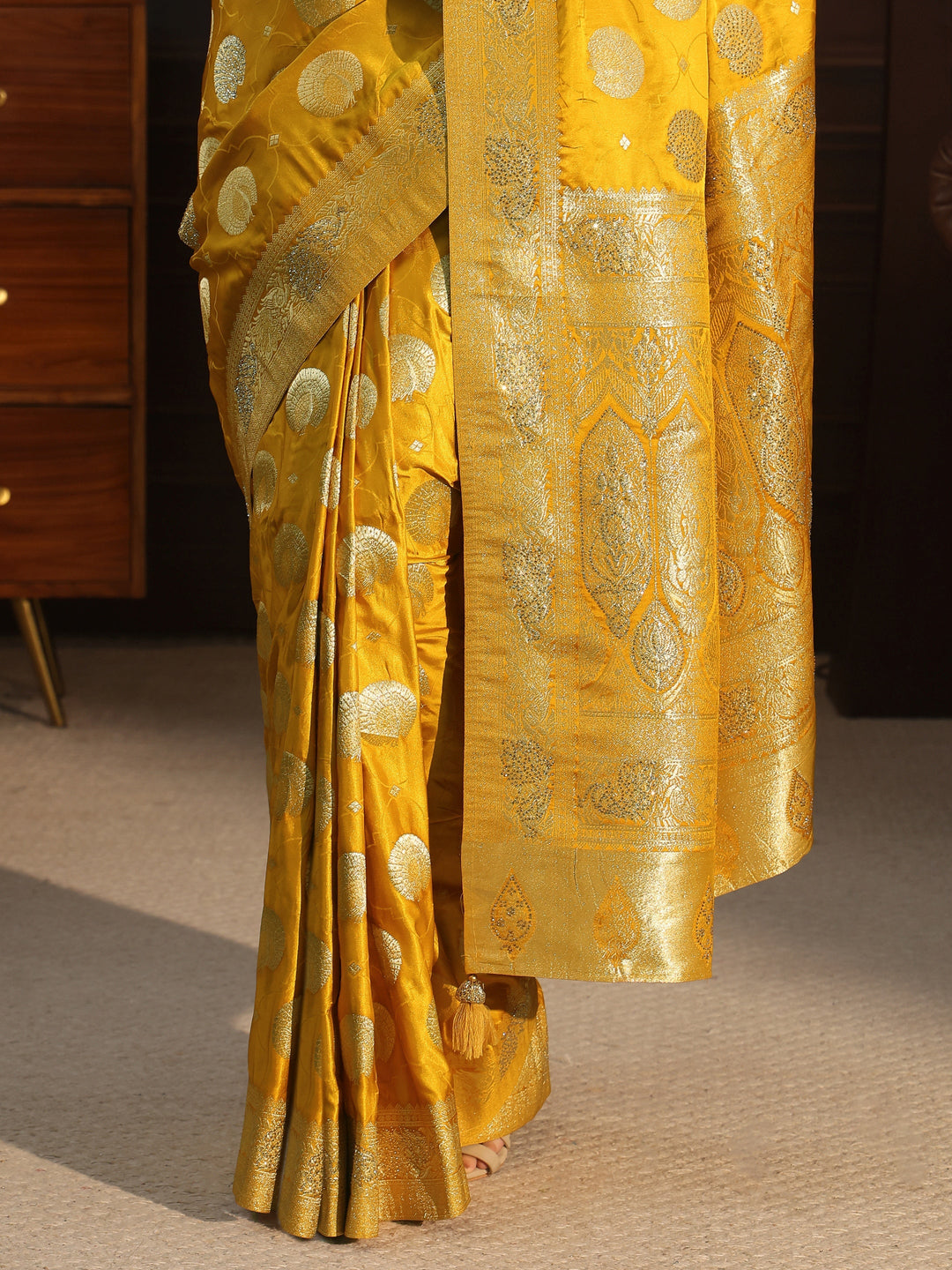  Libas Mustard Ethnic Woven Design Satin Saree with Stone Work 