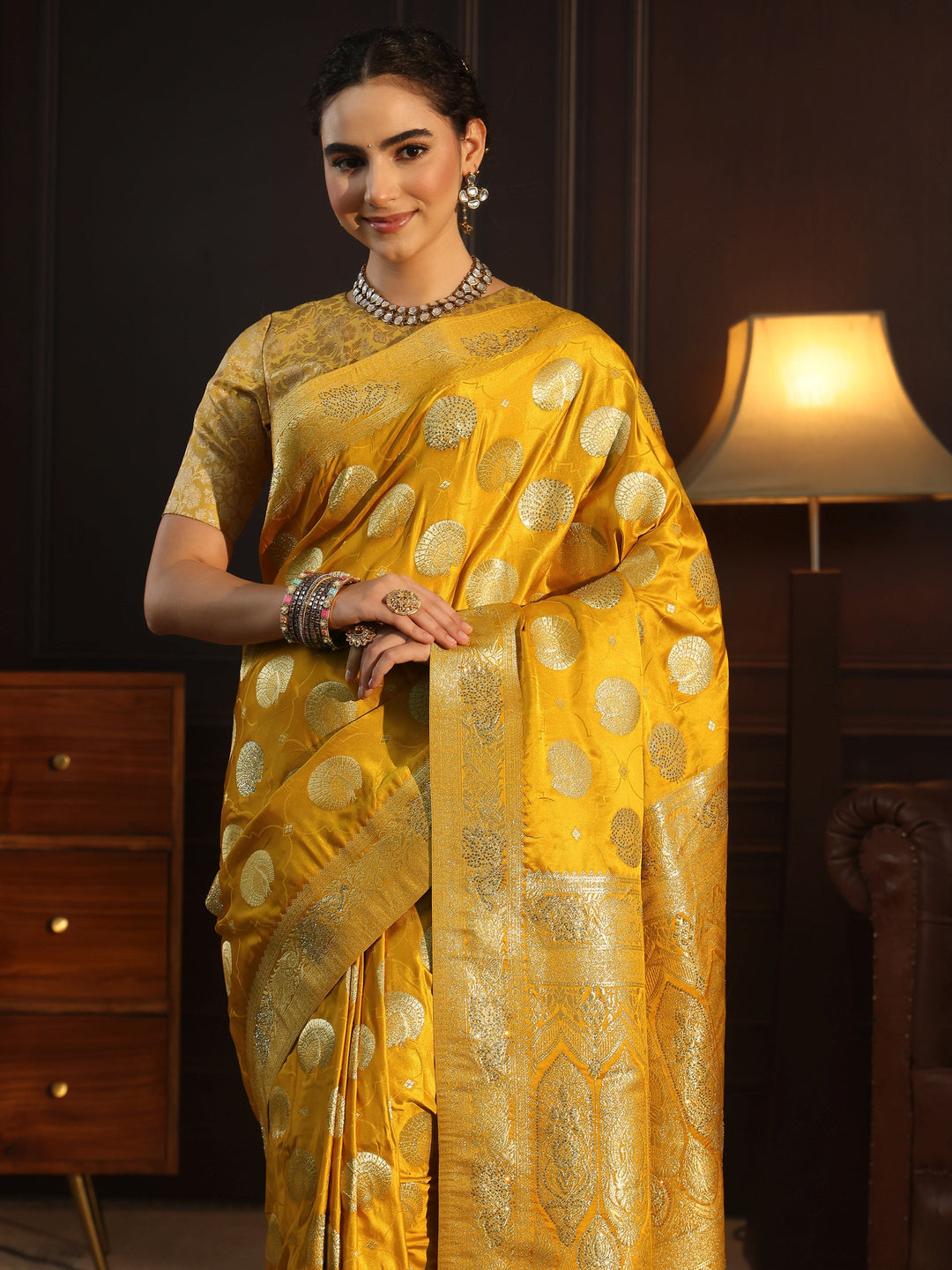  Libas Mustard Ethnic Woven Design Satin Saree with Stone Work 