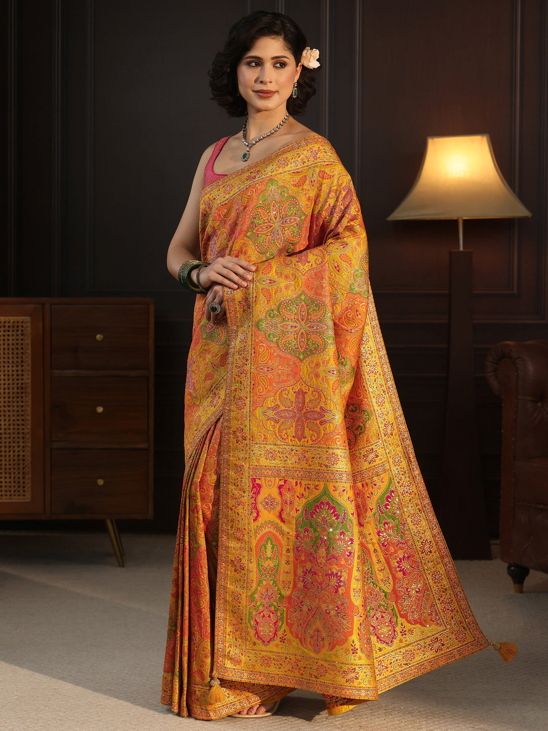  Libas Art Mustard Ethnic Woven Design Silk Blend Saree 