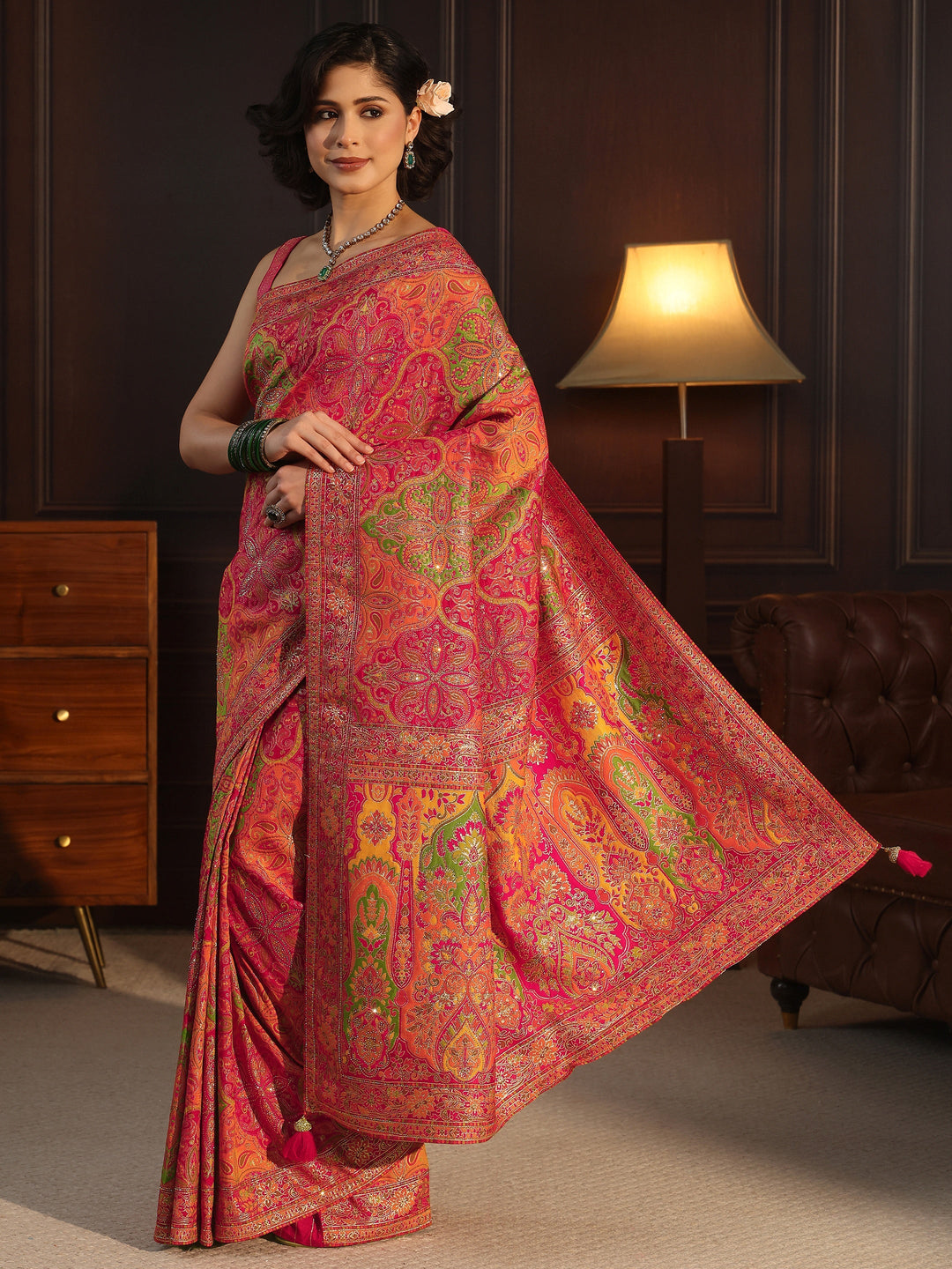  Libas Art Pink Ethnic Woven Design Silk Blend Saree 