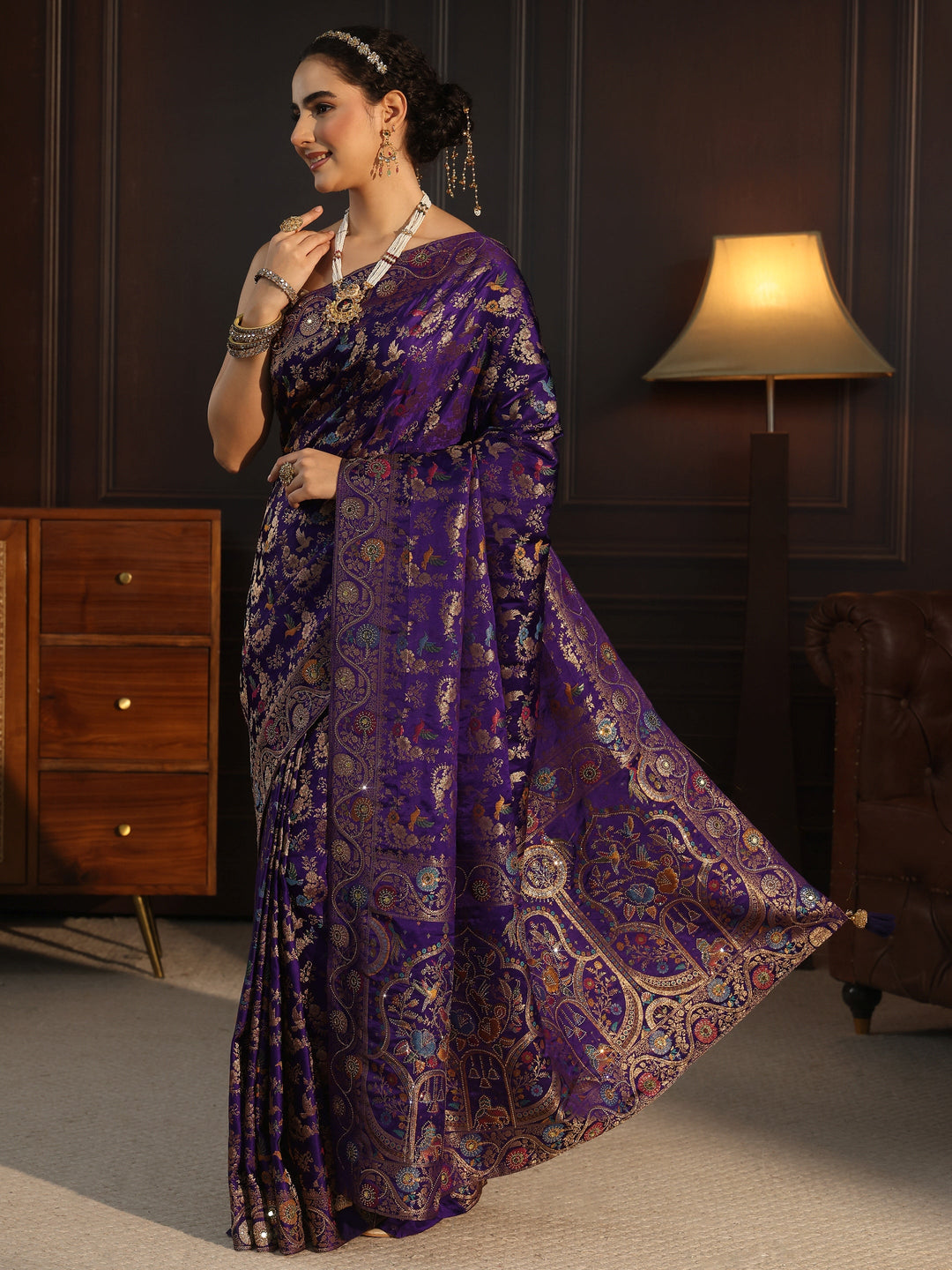  Libas Art Purple Floral Woven Design Satin Saree 