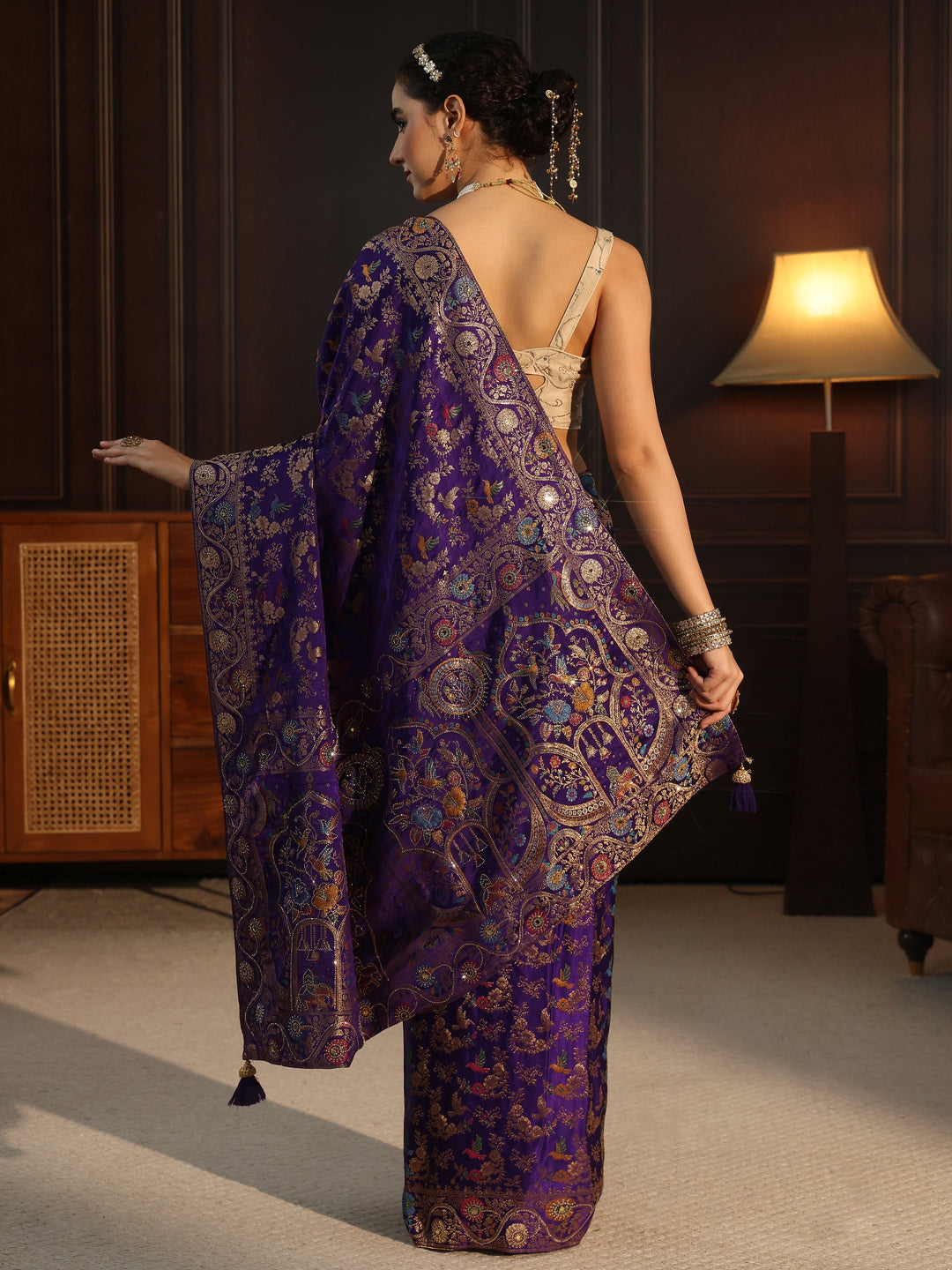  Libas Art Purple Floral Woven Design Satin Saree 