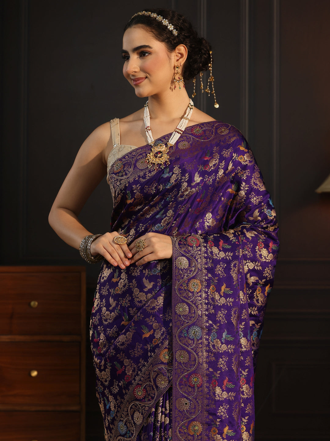  Libas Art Purple Floral Woven Design Satin Saree 