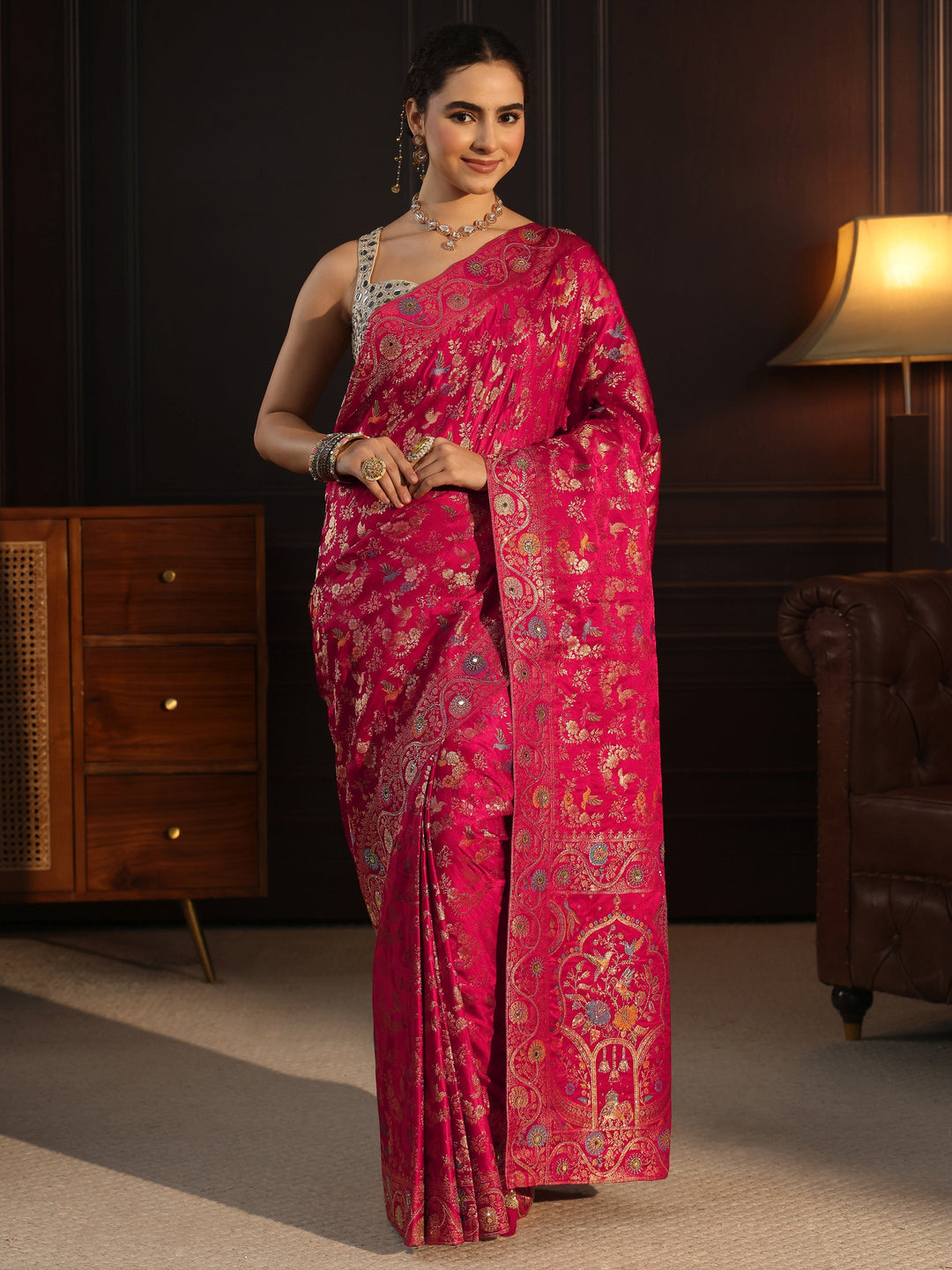  Libas Art Rani Pink Floral Woven Design Satin Saree 