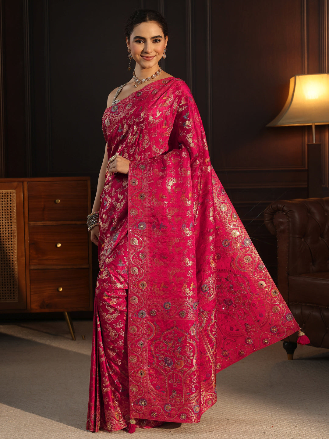  Libas Art Rani Pink Floral Woven Design Satin Saree 