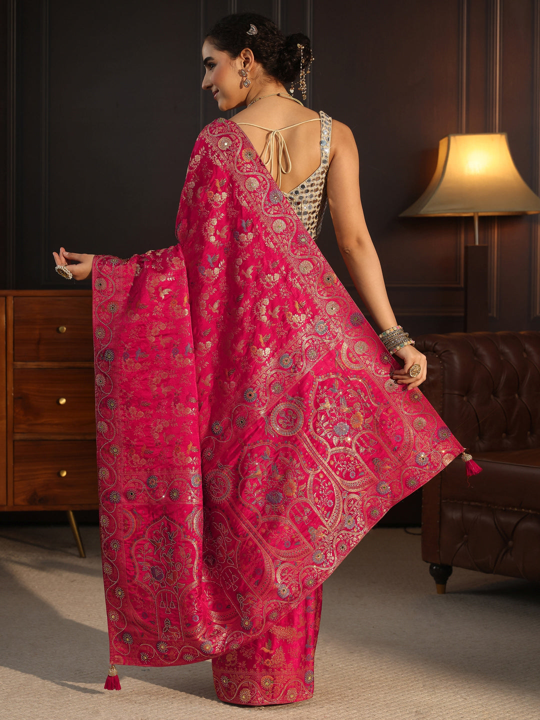  Libas Art Rani Pink Floral Woven Design Satin Saree 