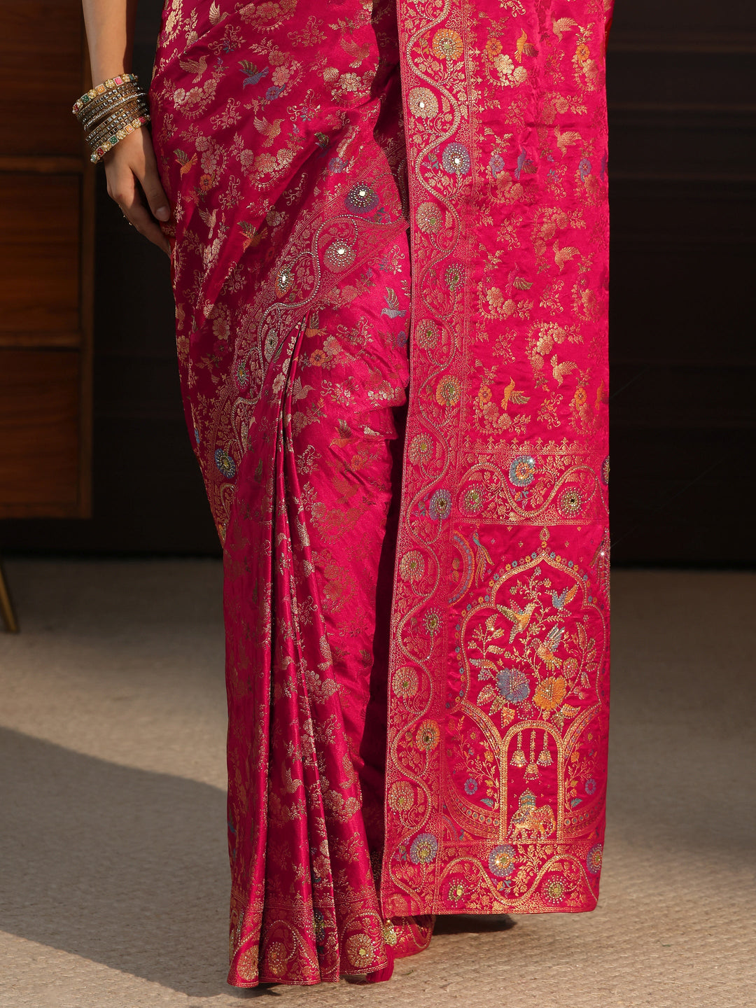  Libas Art Rani Pink Floral Woven Design Satin Saree 