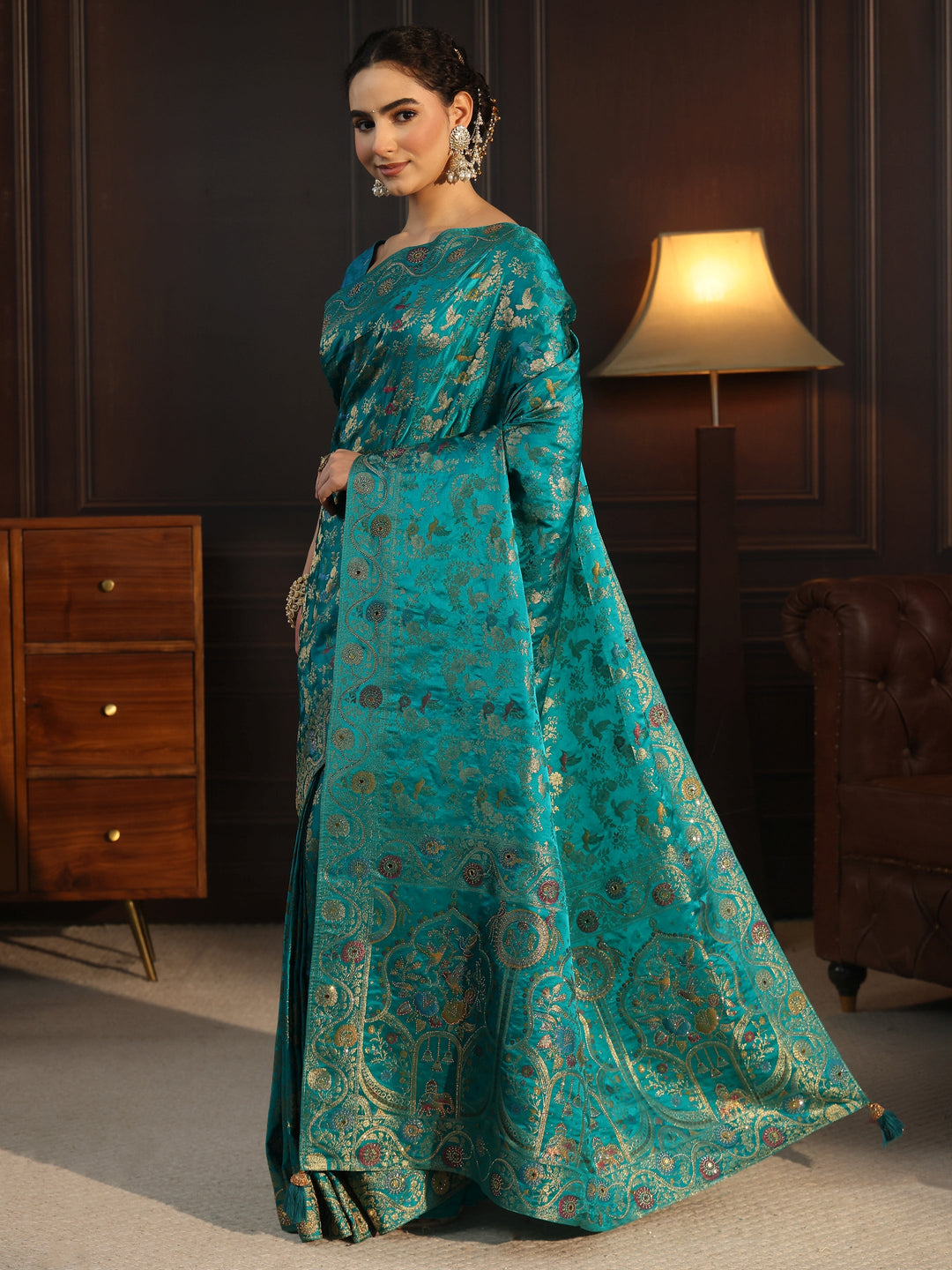  Libas Art Turquoise Blue Floral Woven Design Satin Saree 